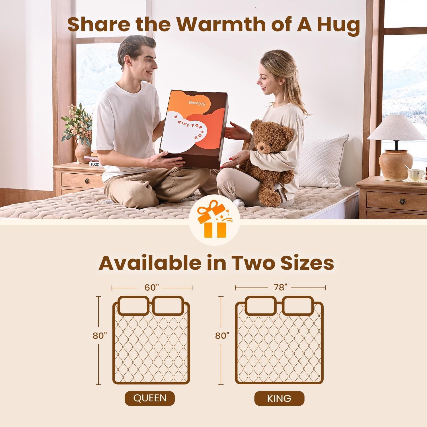 Bearhug Queen Electric Mattress Pad, Dual Control Bed Warmer with 10 Heat Level, Auto Shut Off Timer, Zipper Heated Mattress Pad with Deep Pocket Up to 18",ETL Certified, Machine Wash 60" x 80", Brown