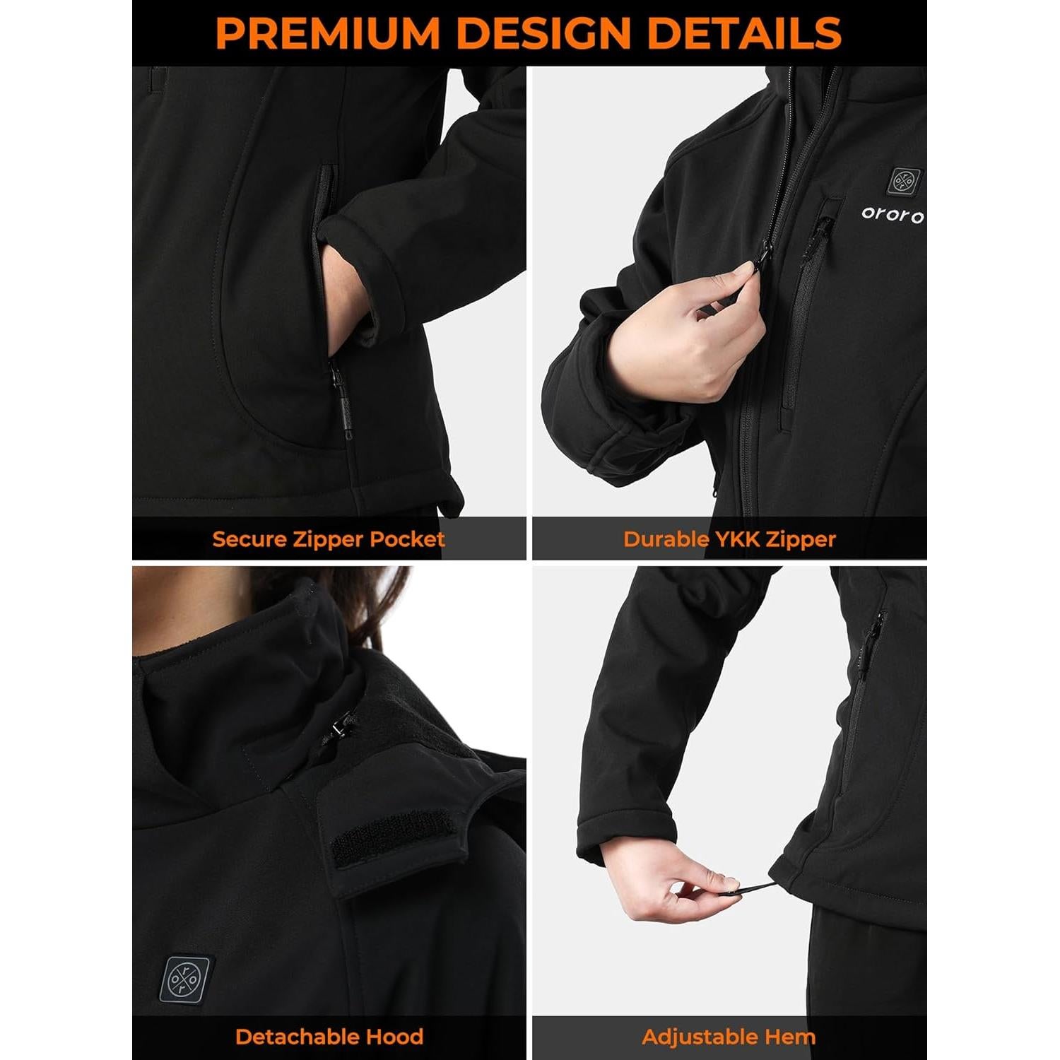 ORORO Women's Slim Fit Heated Jacket with Battery, Heated Coat with Detachable Hood (Charger Not Included)