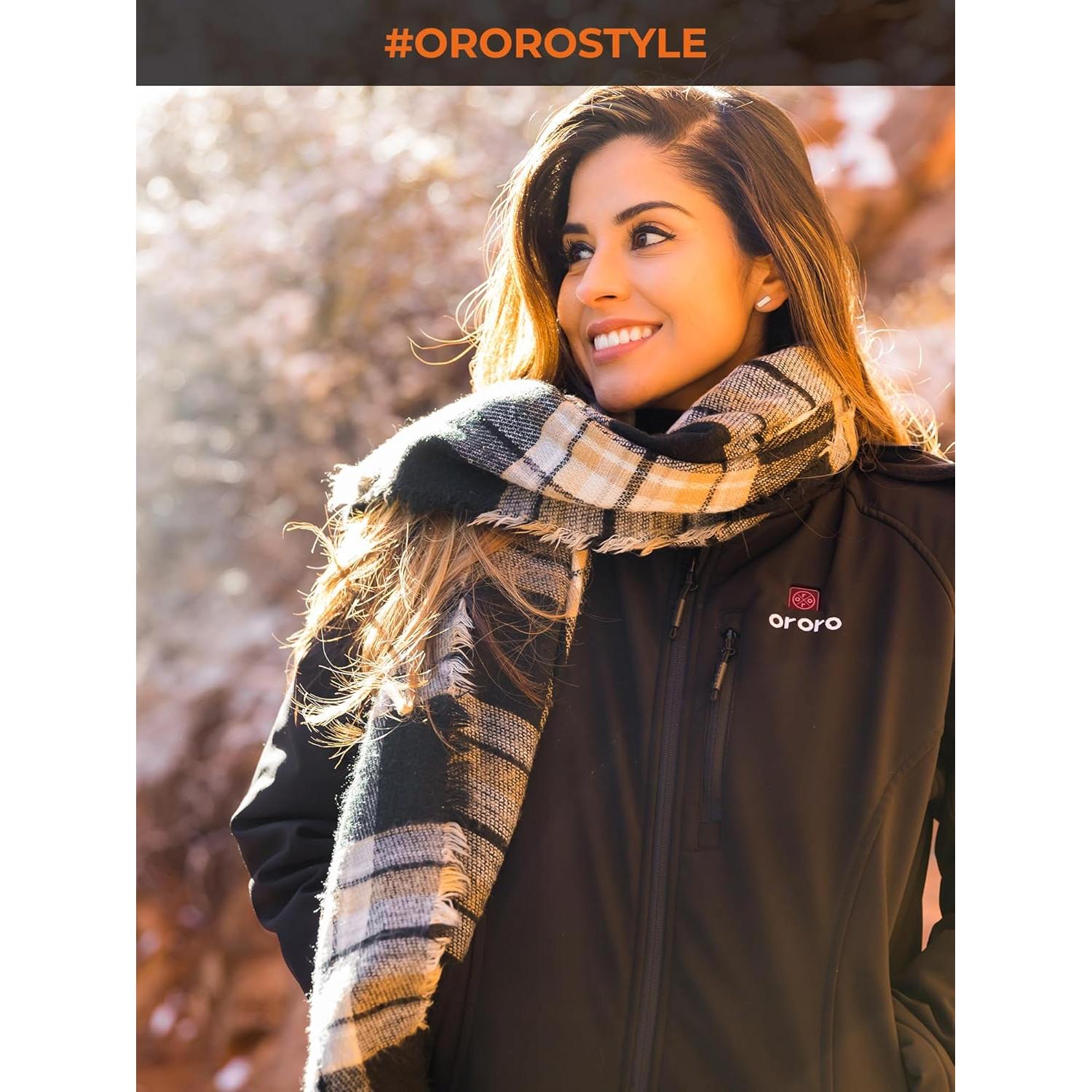 ORORO Women's Slim Fit Heated Jacket with Battery, Heated Coat with Detachable Hood (Charger Not Included)