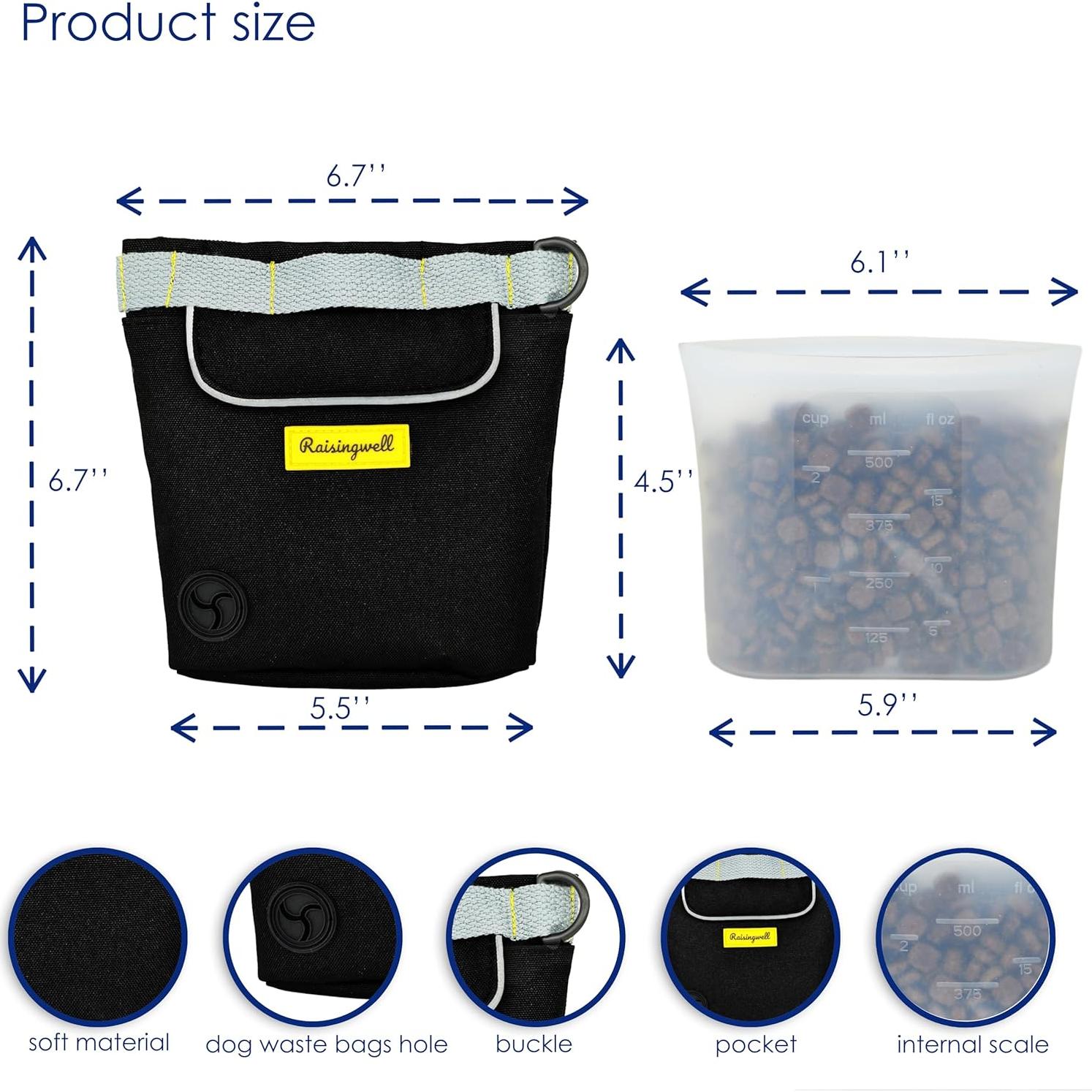 Dog Treat Pouch for Pet Walking and Training with Clicker 2 Cup Silicone Bag Small Fanny Pack Holder for Puppy Snack Dispenser Kit for Leash and Outdoor Use (Black)