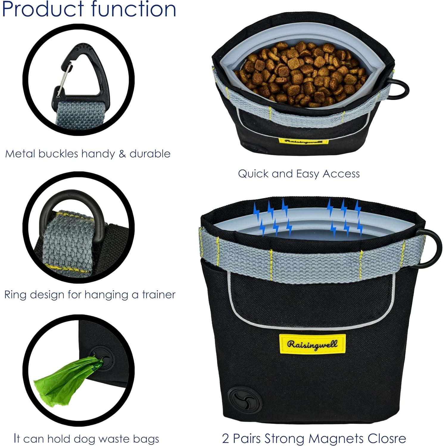 Dog Treat Pouch for Pet Walking and Training with Clicker 2 Cup Silicone Bag Small Fanny Pack Holder for Puppy Snack Dispenser Kit for Leash and Outdoor Use (Black)