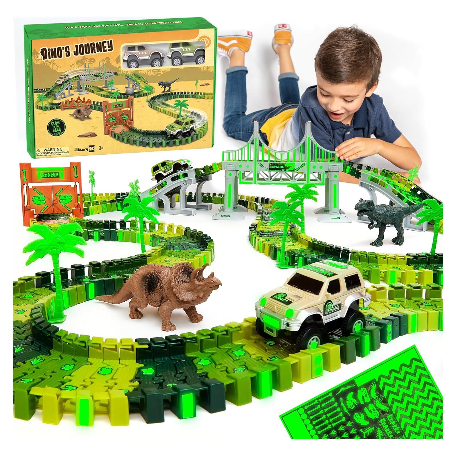 JITTERYGIT Pista de Carreras de Dinosaurios Brillante 144 Piezas