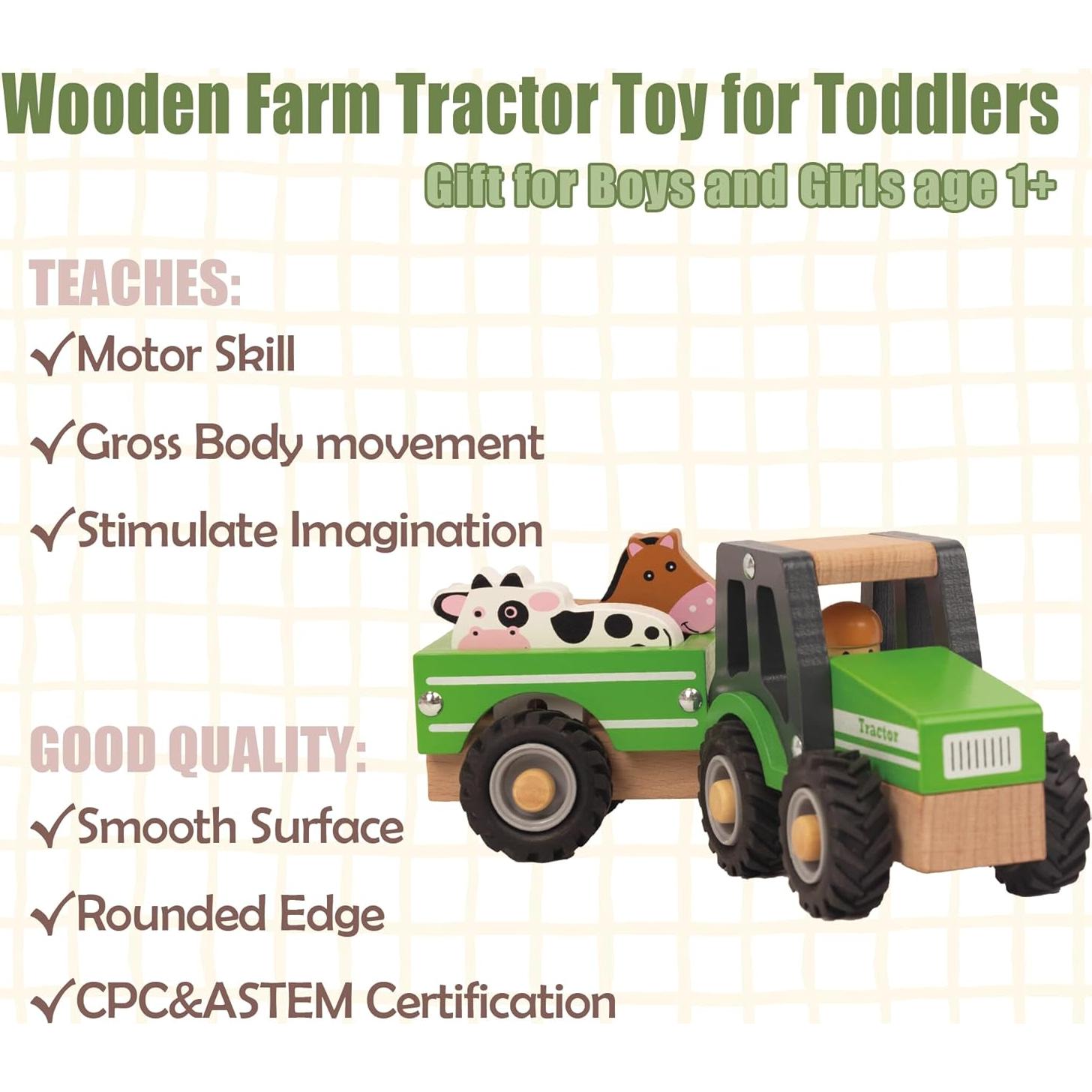 Tractor de Madera Verde WoodenEdu con Vaca y Caballo