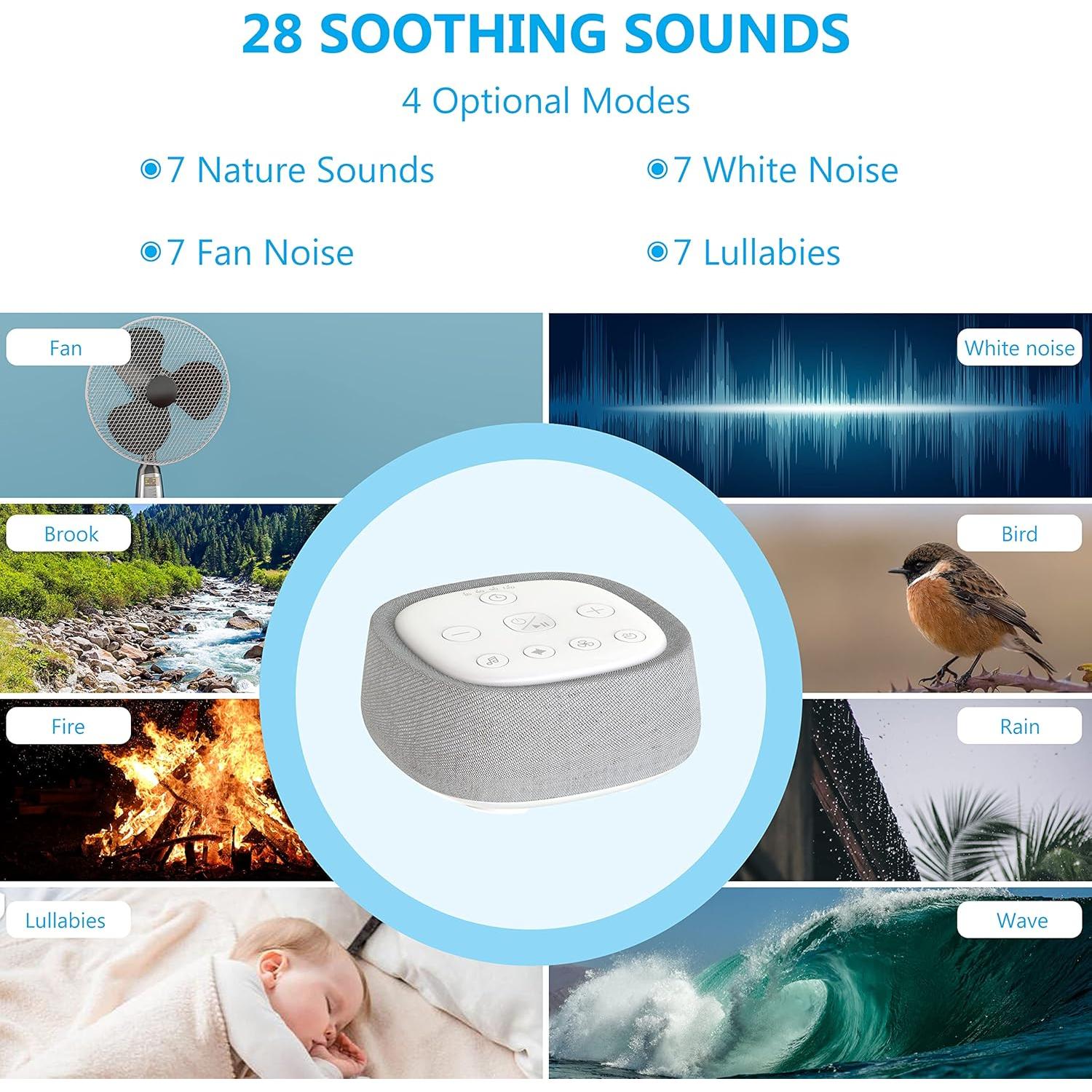 Rechargeable White Noise Machine with 28 Smoothing Sounds, Portable Sound Machine for Baby Kids Adult Sleeping, Auto-Off Timer, 32 levles of Volume Noise Machine Therapy for Home, Office, Travel
