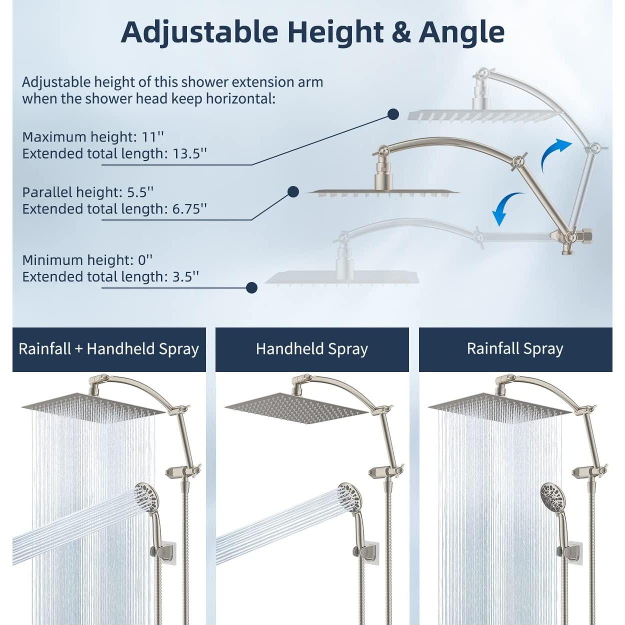 Cabezal de Ducha Hibbent 8'' Metal con Ducha de Mano 7 Modos