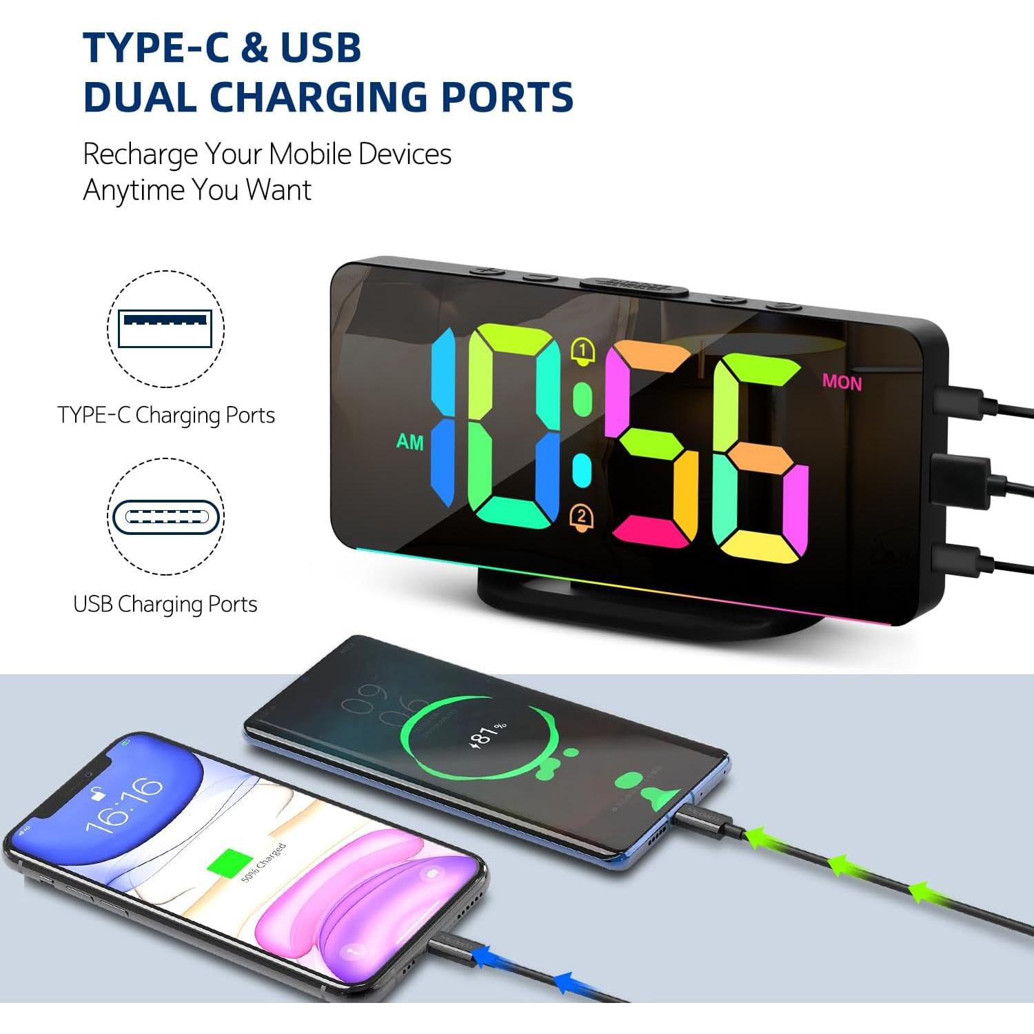 Digital Alarm Clock, Large LED Digital Clock for Bedrooms with 10 Color Changing Night Light, Adjustable Brightness, USB Charging Port, Bedside and Desk Clock for Living Room Office Decor (Black)