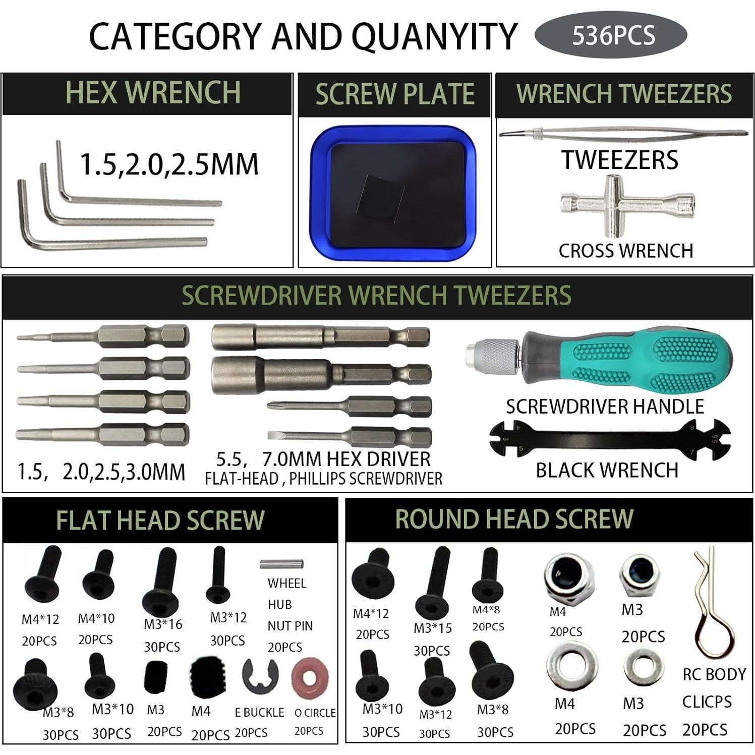 Juego de herramientas RC Lelut 523 Piezas para coches 1/8 a 1/18