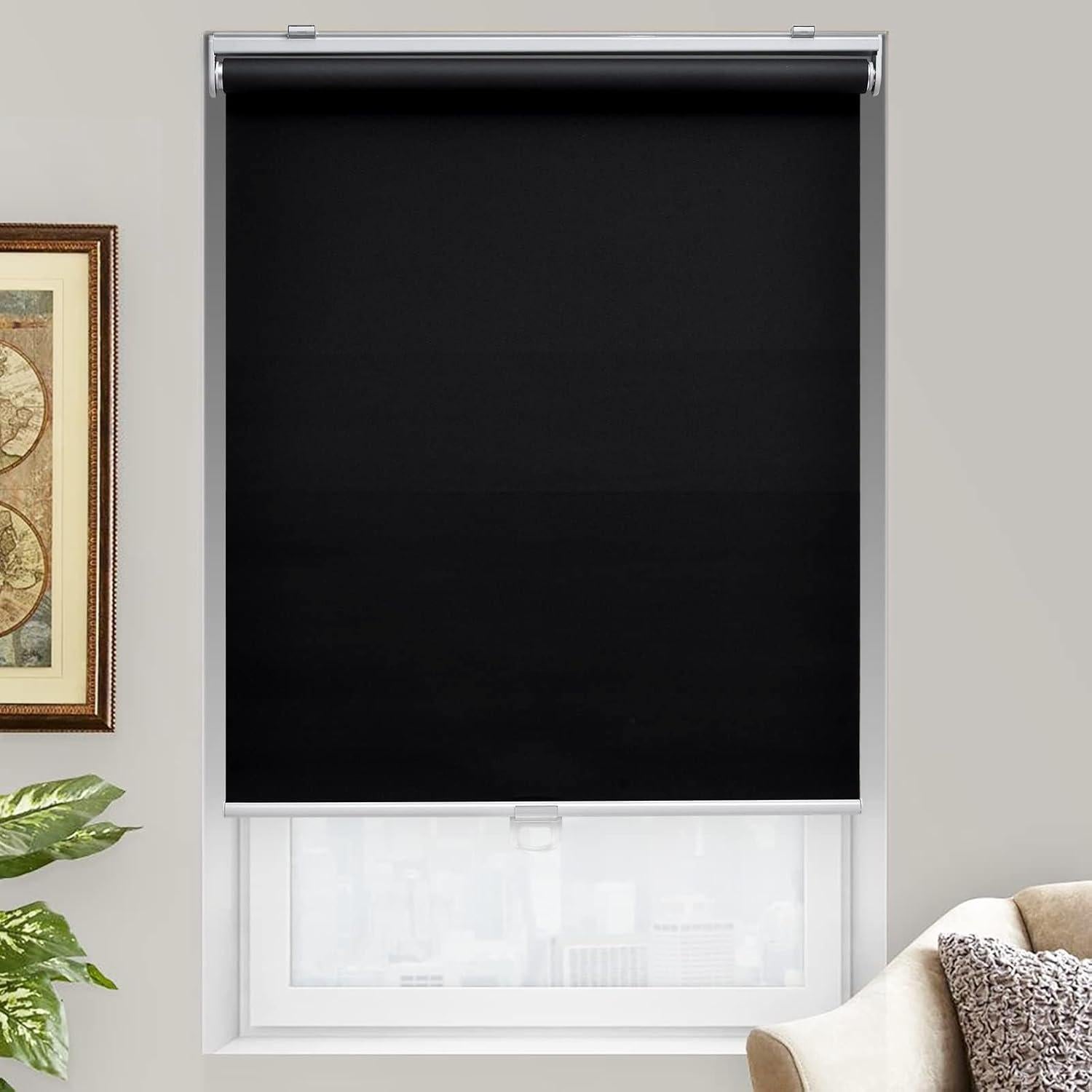Cordless Roller Shades Blackout Blinds for Windows Room Darkening Rolled Up Shades with Spring System, UV Protection Window Shades Door Blinds for Home and Office (20" W x 72" H, Black)