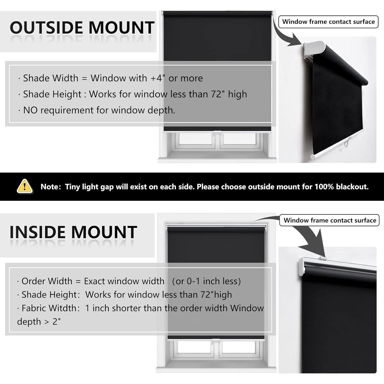 Cordless Roller Shades Blackout Blinds for Windows Room Darkening Rolled Up Shades with Spring System, UV Protection Window Shades Door Blinds for Home and Office (20" W x 72" H, Black)