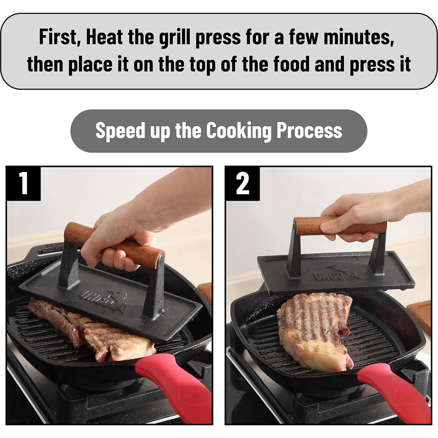 Prensa de Parrilla Hierro Fundido UNCO 17.5 cm Redonda y 21x11 cm