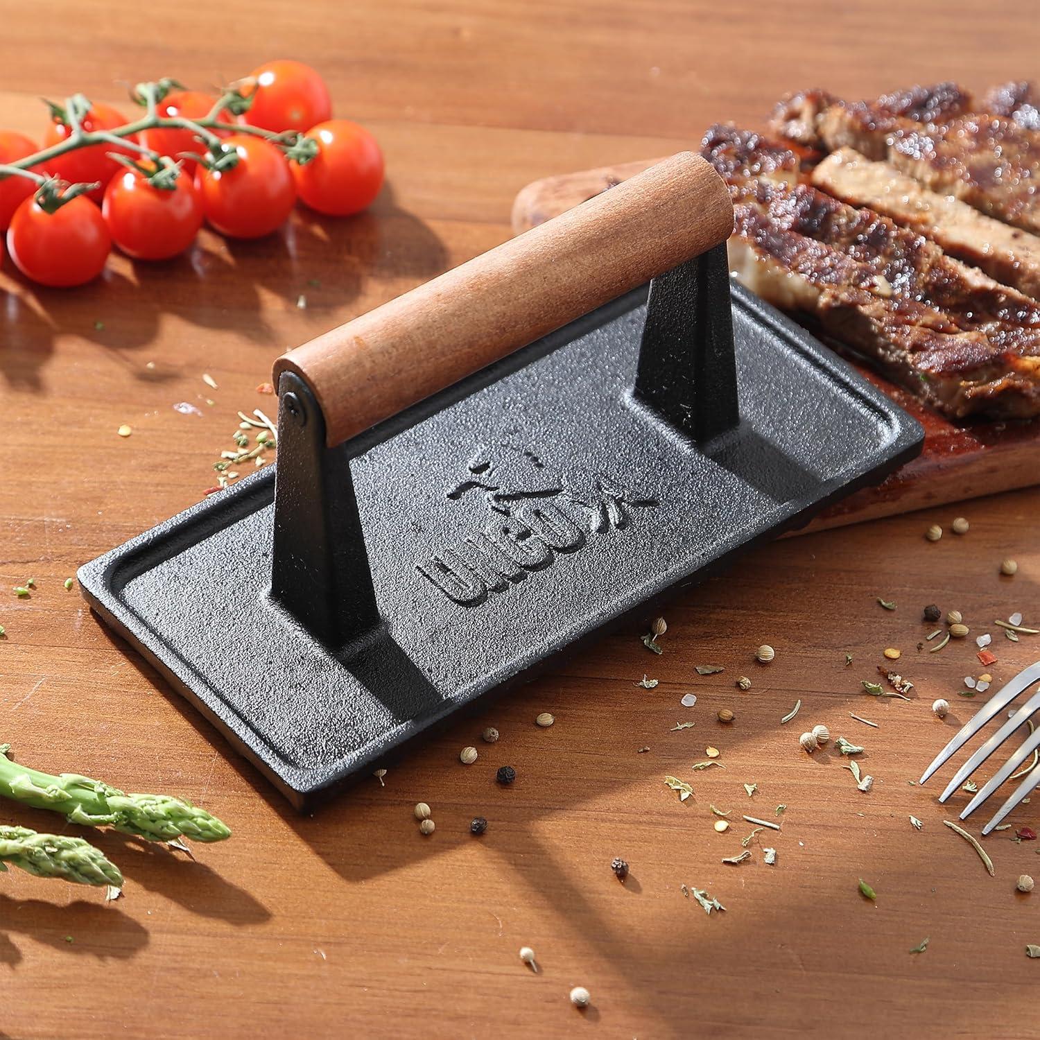 Prensa de Parrilla Hierro Fundido UNCO 17.5 cm Redonda y 21x11 cm