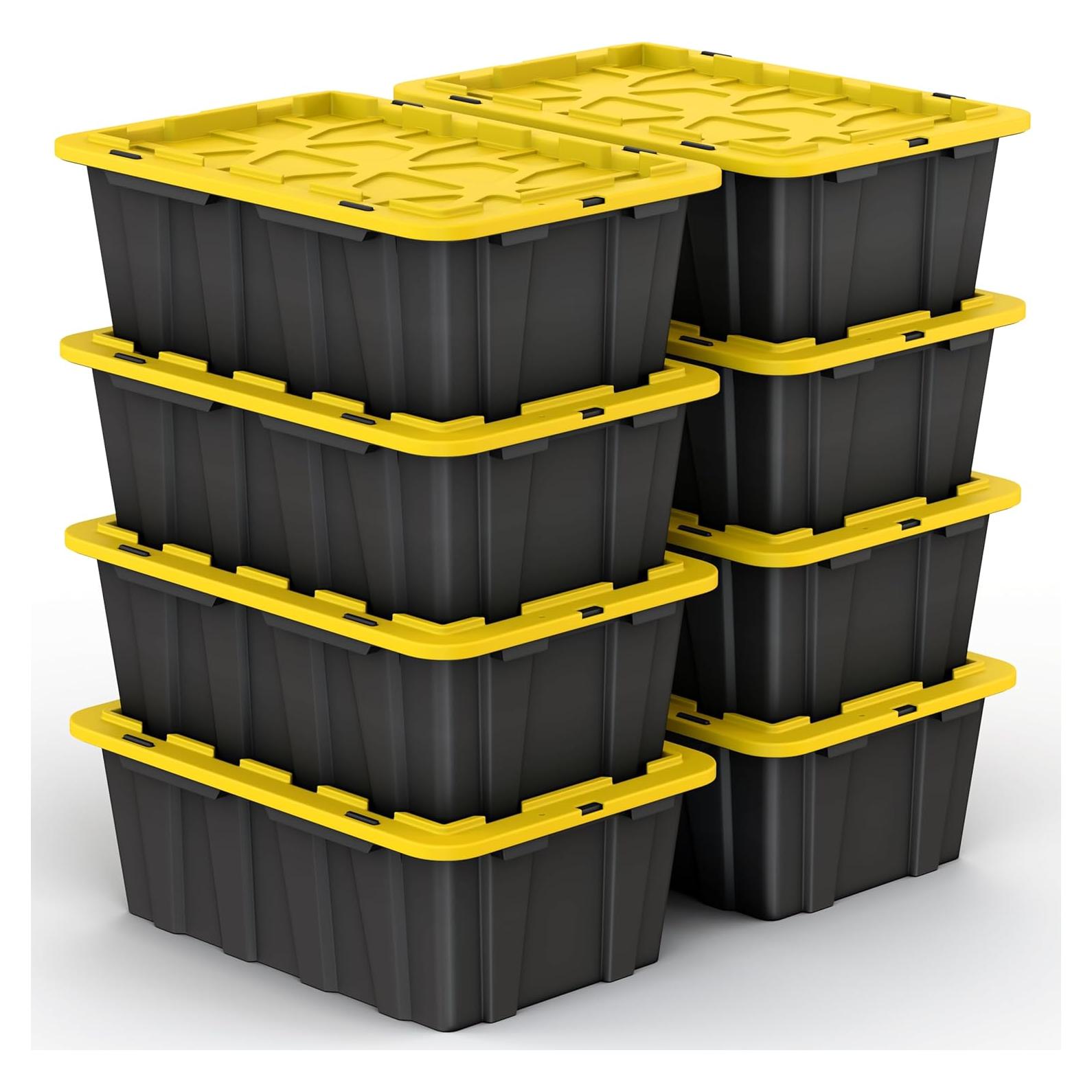 8 PACK of Medium 12 Gallon Plastic Storage Bin Tote Organizing Container with Ultra Durable Secure Latching Lids, Stackable, Extra Strength Clear with Built in Handle - Black and Yellow