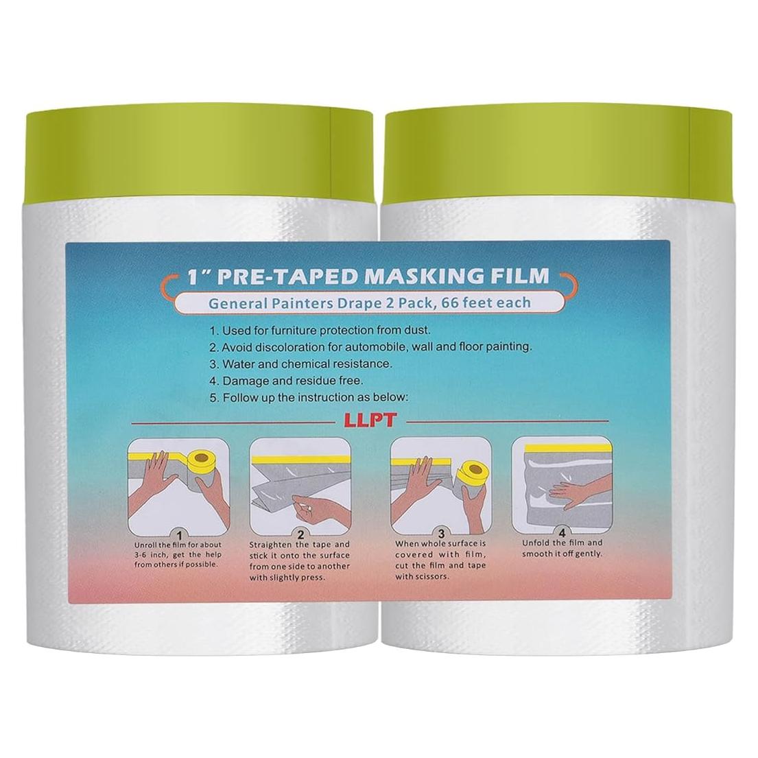 LLPT Tape and Drape 25.6”(Unfolded) x 66 Ft Each 2 Pack Pre-Taped Masking Film 0.31 Mil Painters Plastic Drop Cloth for Auto Wall Furniture Painting Protection (MFTG620)