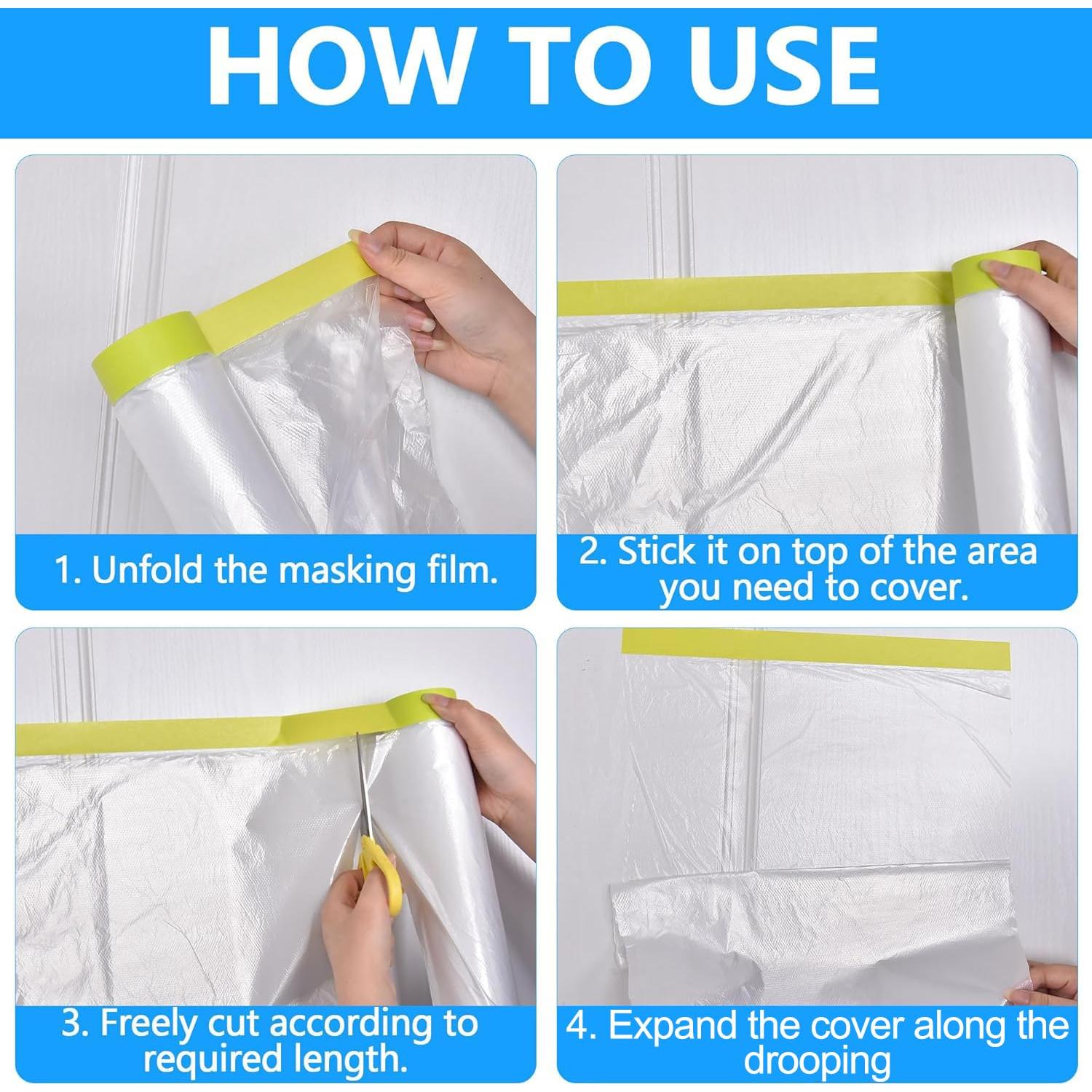 LLPT Tape and Drape 25.6”(Unfolded) x 66 Ft Each 2 Pack Pre-Taped Masking Film 0.31 Mil Painters Plastic Drop Cloth for Auto Wall Furniture Painting Protection (MFTG620)