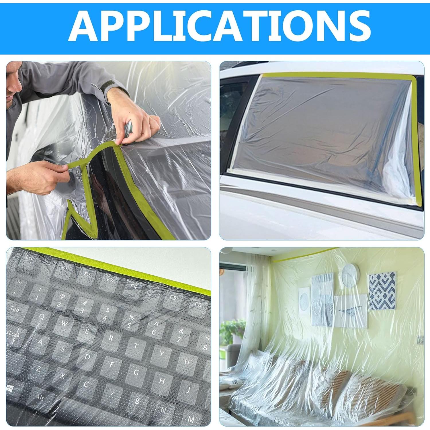 LLPT Tape and Drape 25.6”(Unfolded) x 66 Ft Each 2 Pack Pre-Taped Masking Film 0.31 Mil Painters Plastic Drop Cloth for Auto Wall Furniture Painting Protection (MFTG620)