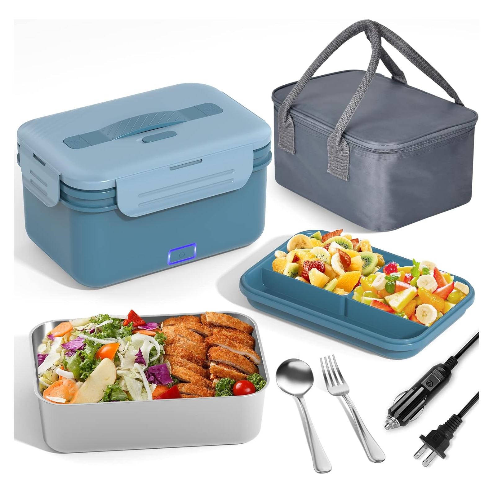 Vabaso Electric Lunch Box Food Heater, 1.8L/61oz Heated for Adults Car/Truck Home/Work, 60/80/100W Warmer Heating with Removable Stainless Steel Container, 12V/24V/110V220V Blue