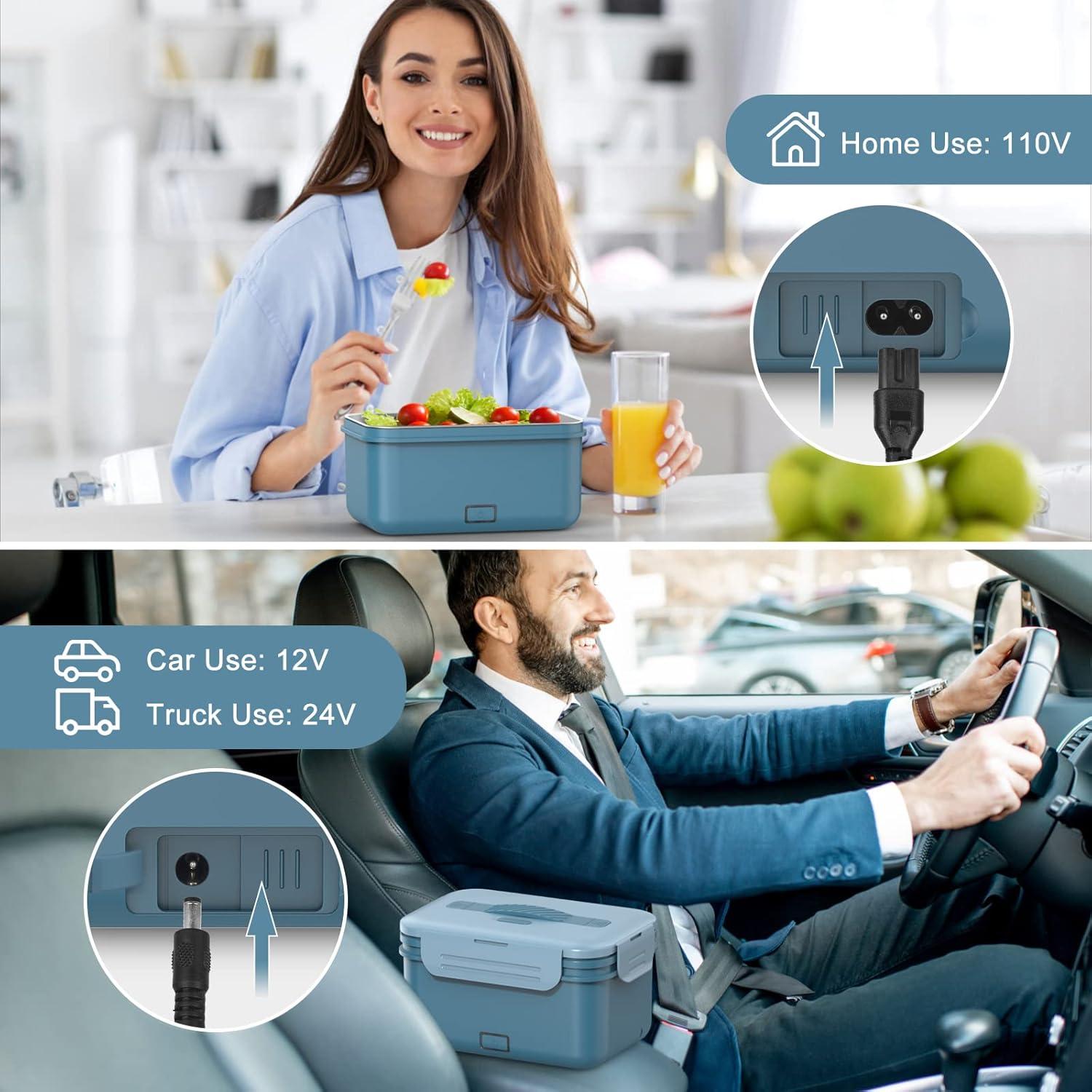 Vabaso Electric Lunch Box Food Heater, 1.8L/61oz Heated for Adults Car/Truck Home/Work, 60/80/100W Warmer Heating with Removable Stainless Steel Container, 12V/24V/110V220V Blue