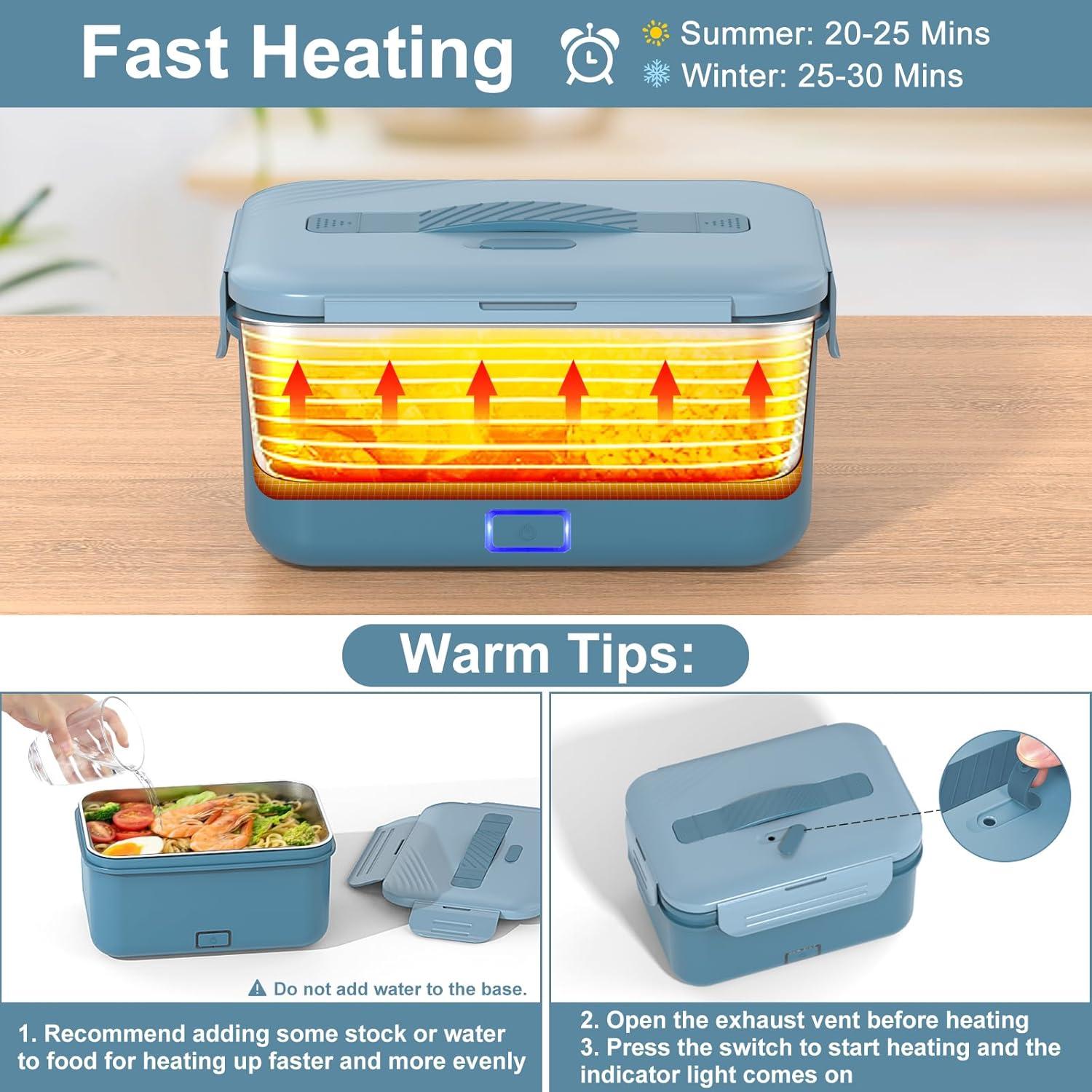 Vabaso Electric Lunch Box Food Heater, 1.8L/61oz Heated for Adults Car/Truck Home/Work, 60/80/100W Warmer Heating with Removable Stainless Steel Container, 12V/24V/110V220V Blue