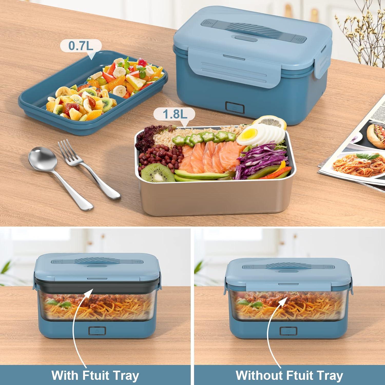 Vabaso Electric Lunch Box Food Heater, 1.8L/61oz Heated for Adults Car/Truck Home/Work, 60/80/100W Warmer Heating with Removable Stainless Steel Container, 12V/24V/110V220V Blue