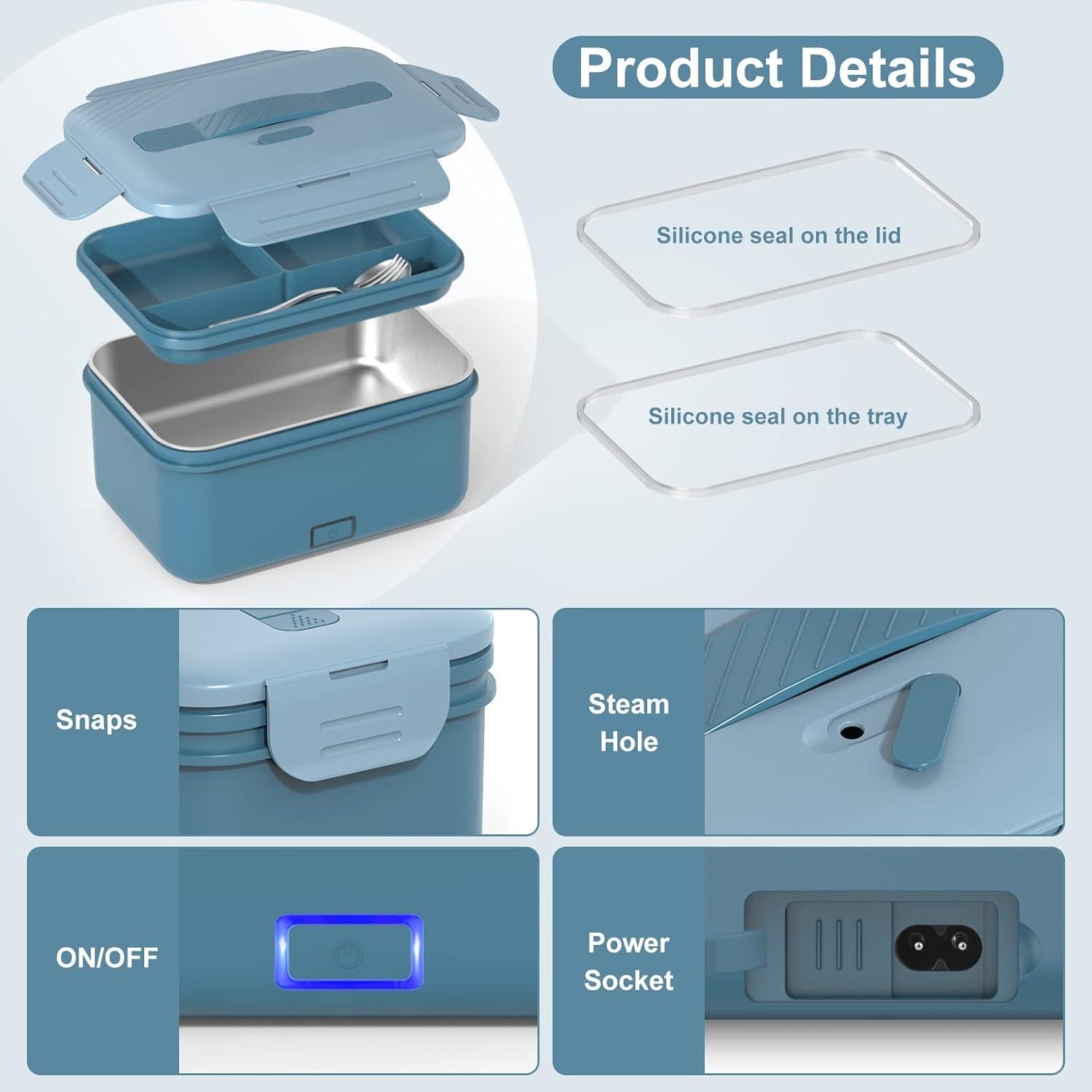 Vabaso Electric Lunch Box Food Heater, 1.8L/61oz Heated for Adults Car/Truck Home/Work, 60/80/100W Warmer Heating with Removable Stainless Steel Container, 12V/24V/110V220V Blue