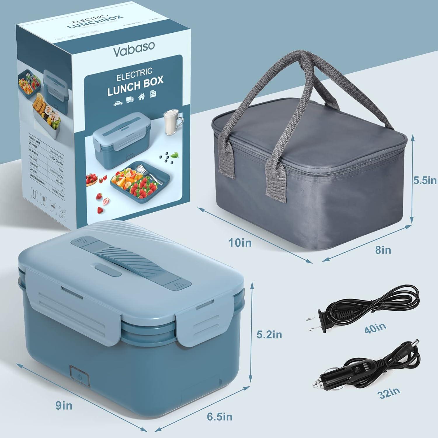 Vabaso Electric Lunch Box Food Heater, 1.8L/61oz Heated for Adults Car/Truck Home/Work, 60/80/100W Warmer Heating with Removable Stainless Steel Container, 12V/24V/110V220V Blue