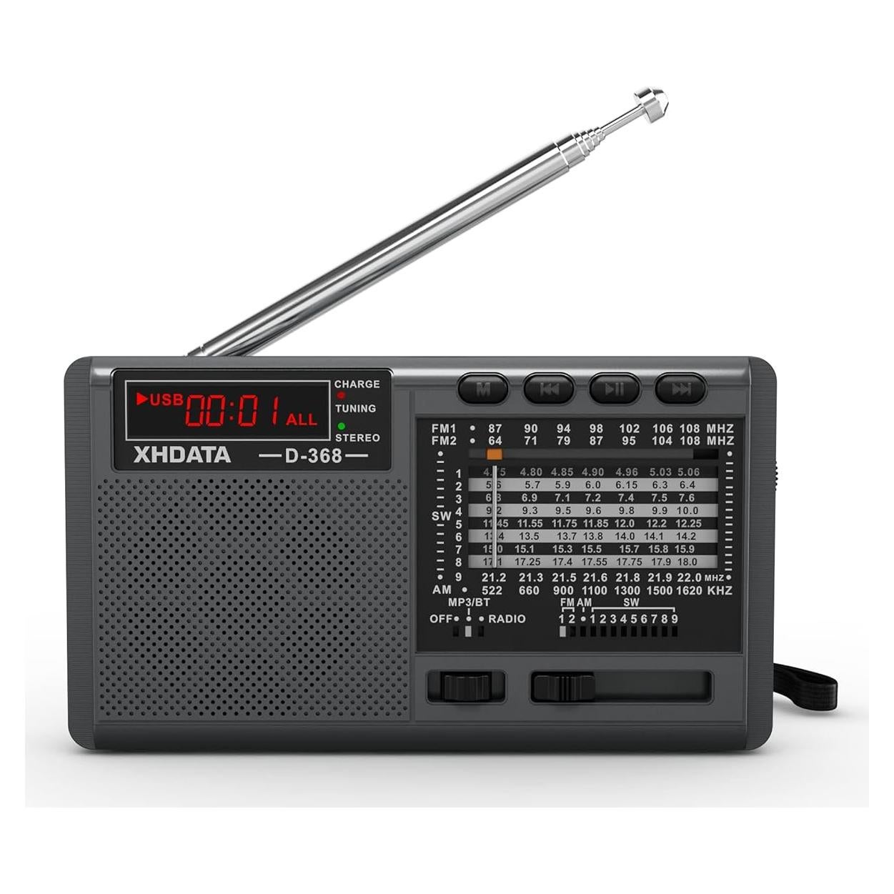 XHDATA D368 Shortwave AM FM 12 Band DSP Stereo Portable Radio MP3 Player Wireless BT Speaker with Rechargeable Battery Multimedia Speaker Support Micro SD Card USB Flash Drives (Black)