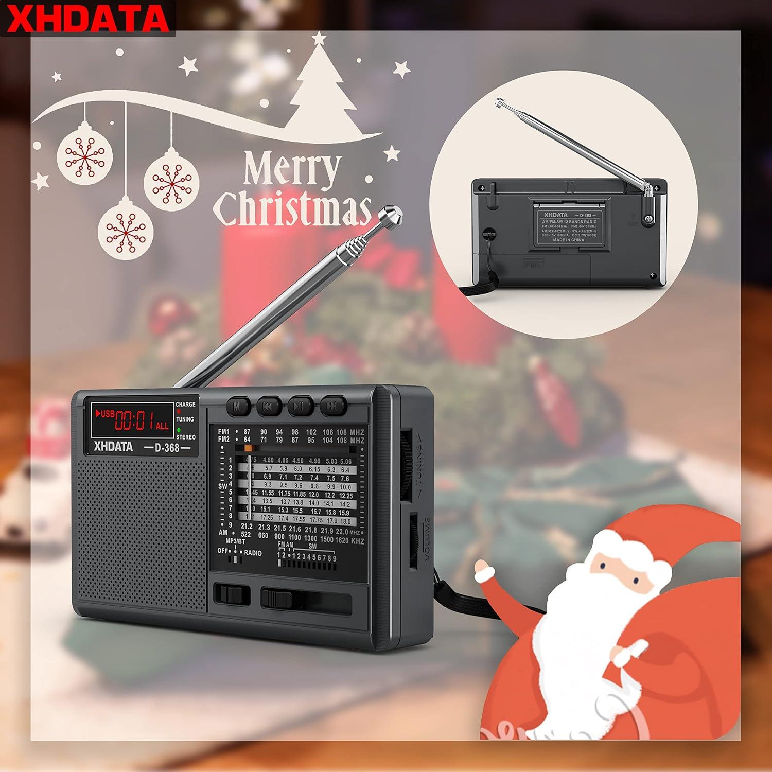 XHDATA D368 Shortwave AM FM 12 Band DSP Stereo Portable Radio MP3 Player Wireless BT Speaker with Rechargeable Battery Multimedia Speaker Support Micro SD Card USB Flash Drives (Black)