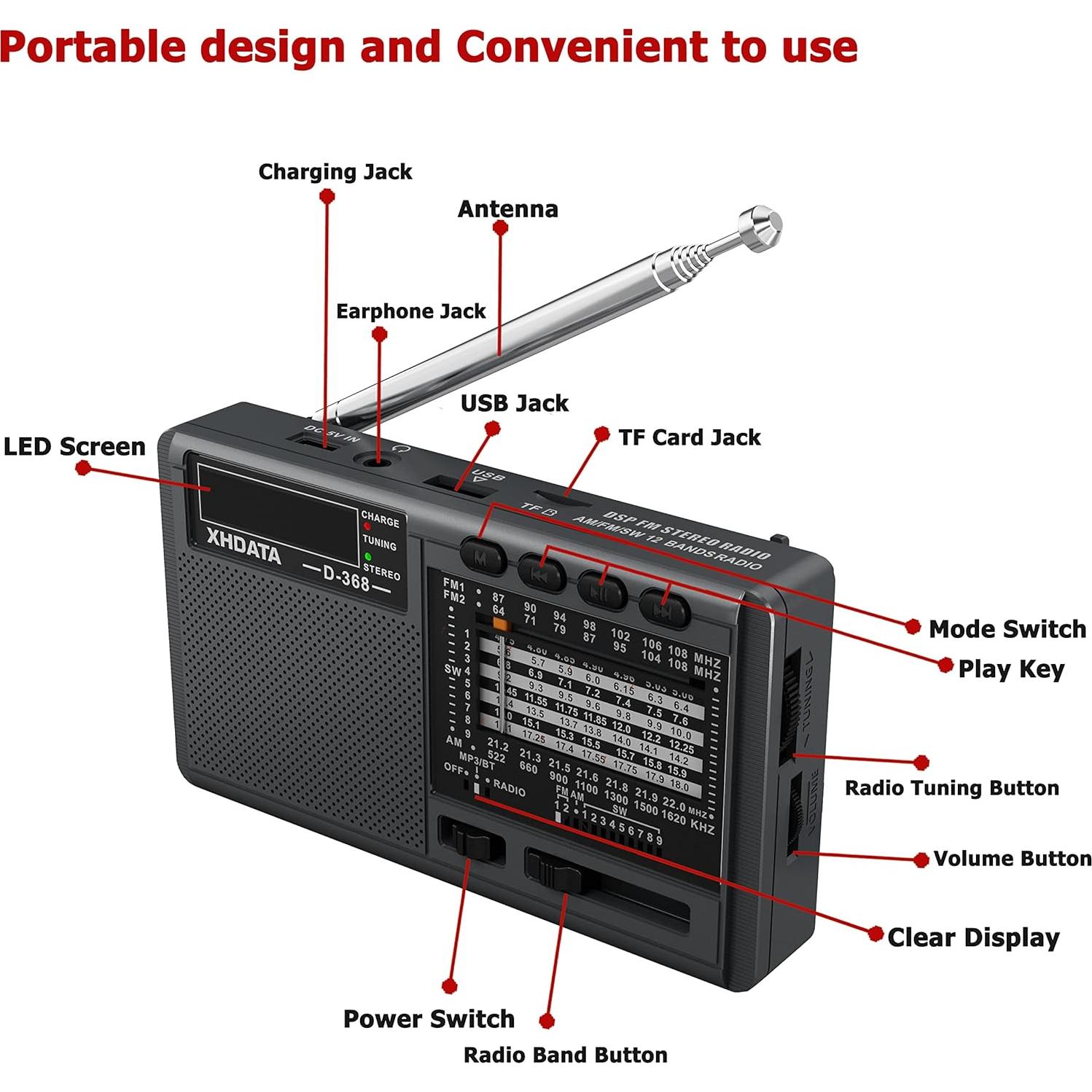 XHDATA D368 Shortwave AM FM 12 Band DSP Stereo Portable Radio MP3 Player Wireless BT Speaker with Rechargeable Battery Multimedia Speaker Support Micro SD Card USB Flash Drives (Black)