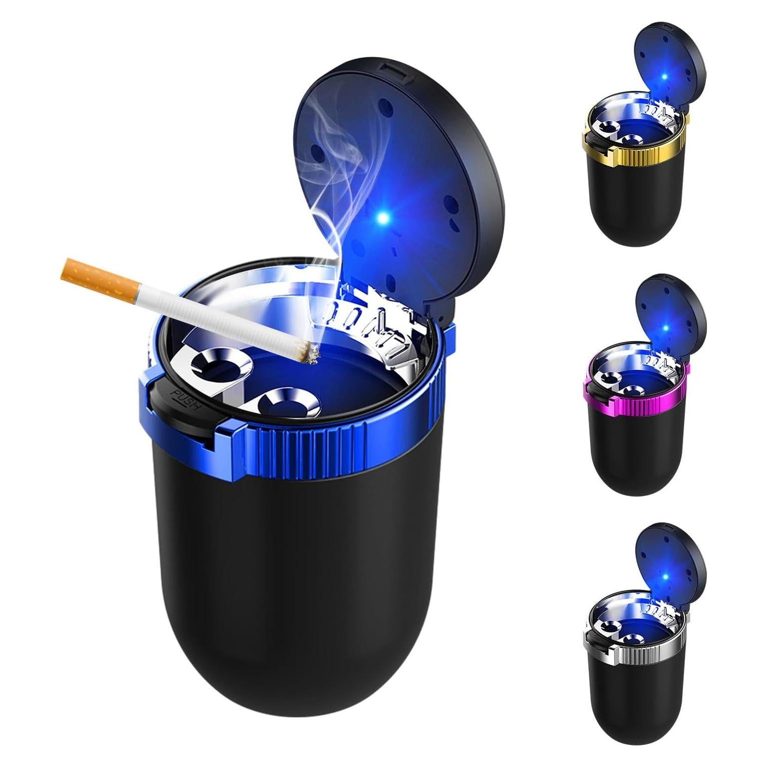 Cenicero de coche Ohleats con tapa y luz LED azul