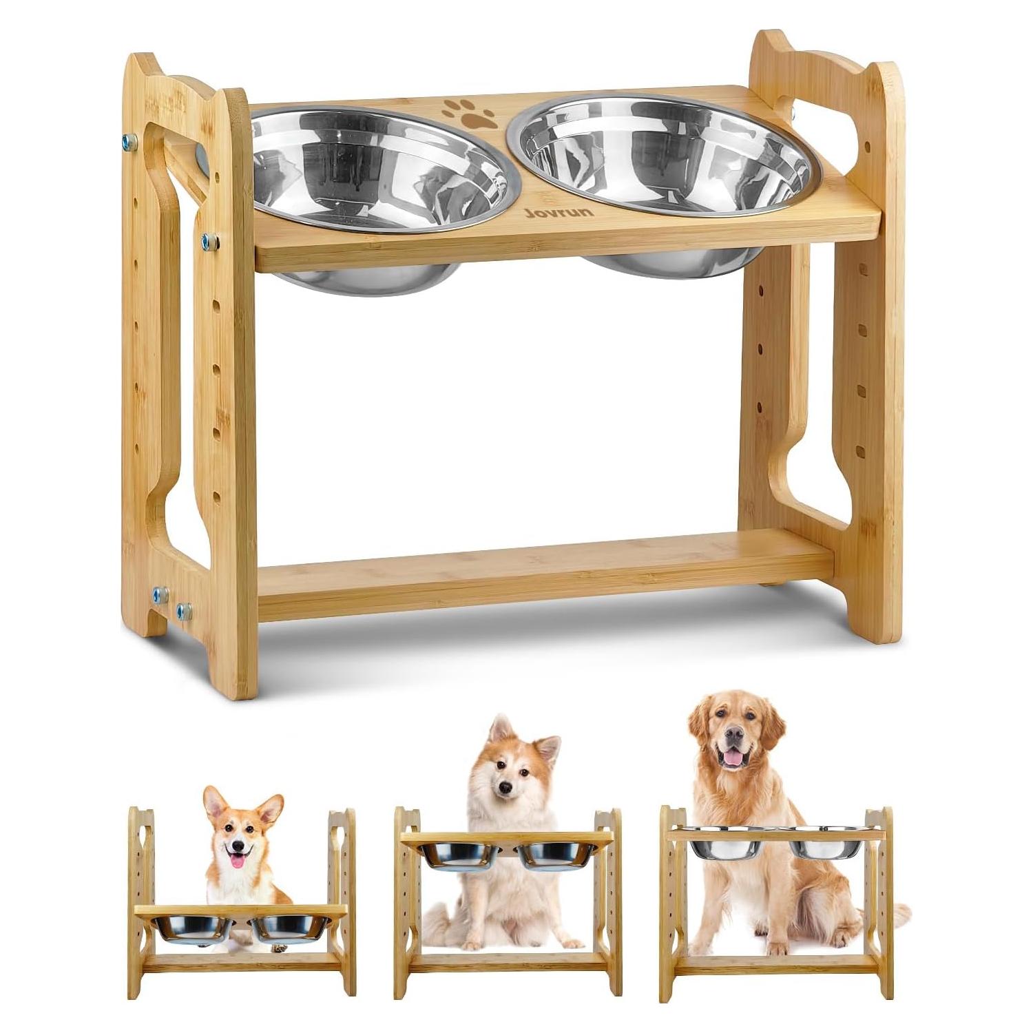 Elevated Dog Bowls, Adjustable Raised Dog Bowls Stand for Medium Dogs and Cats, Durable Bamboo Dog Feeder with Stainless Steel Bowls and Non-Slip Feet, Dog Food Bowls for Medium Dogs Cats