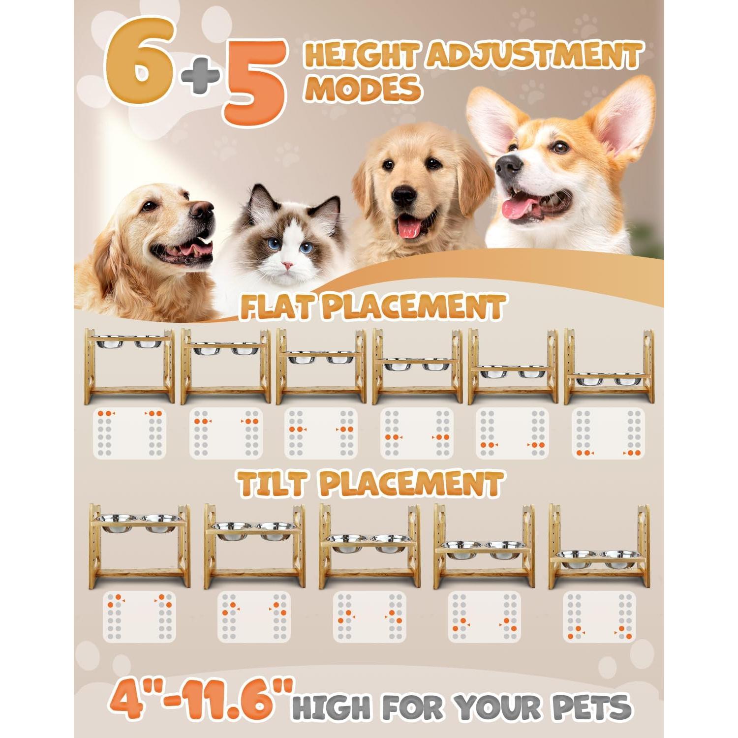 Elevated Dog Bowls, Adjustable Raised Dog Bowls Stand for Medium Dogs and Cats, Durable Bamboo Dog Feeder with Stainless Steel Bowls and Non-Slip Feet, Dog Food Bowls for Medium Dogs Cats