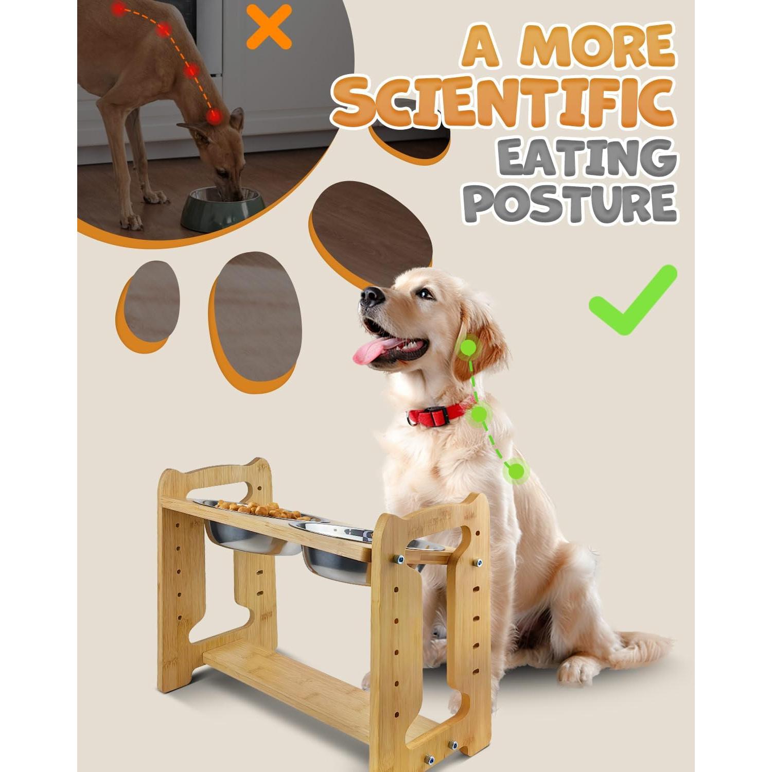 Elevated Dog Bowls, Adjustable Raised Dog Bowls Stand for Medium Dogs and Cats, Durable Bamboo Dog Feeder with Stainless Steel Bowls and Non-Slip Feet, Dog Food Bowls for Medium Dogs Cats