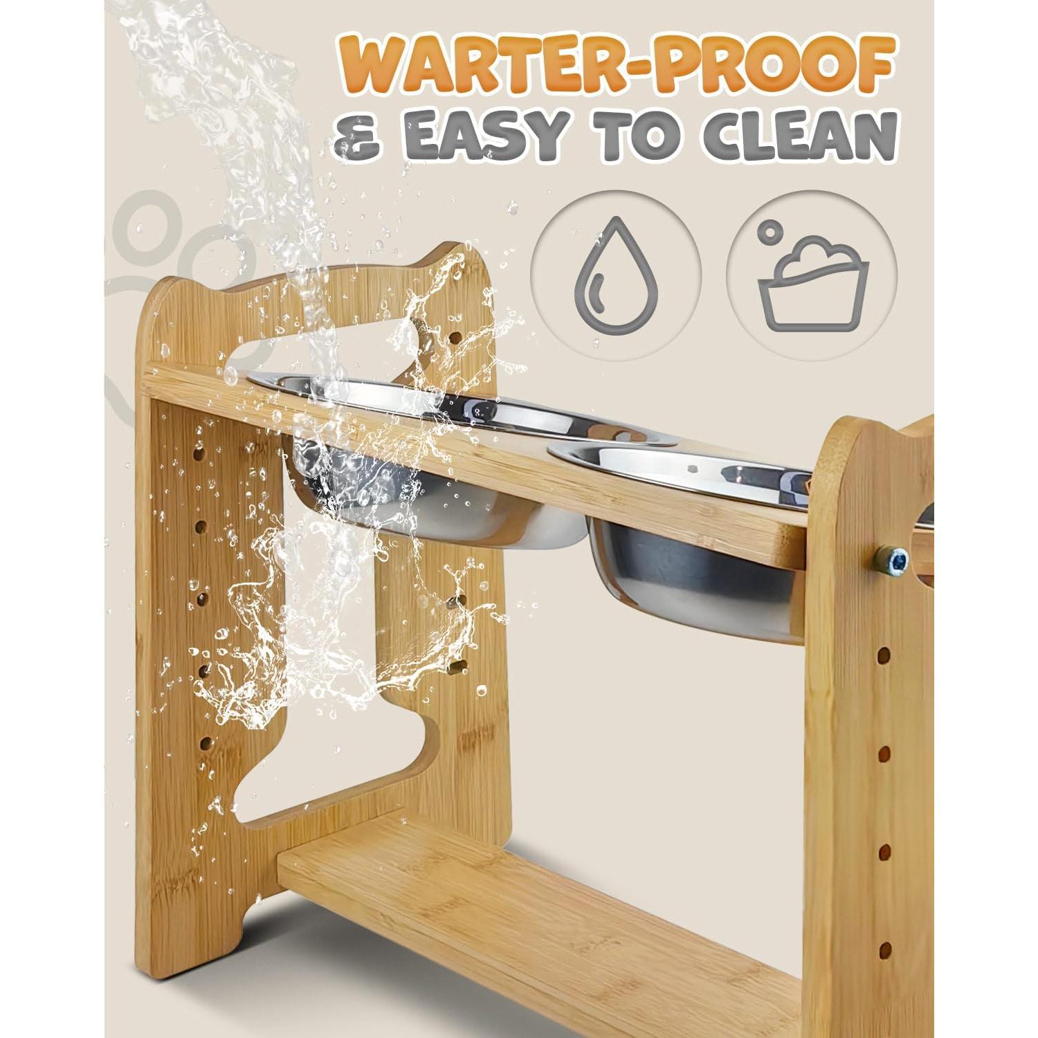 Elevated Dog Bowls, Adjustable Raised Dog Bowls Stand for Medium Dogs and Cats, Durable Bamboo Dog Feeder with Stainless Steel Bowls and Non-Slip Feet, Dog Food Bowls for Medium Dogs Cats