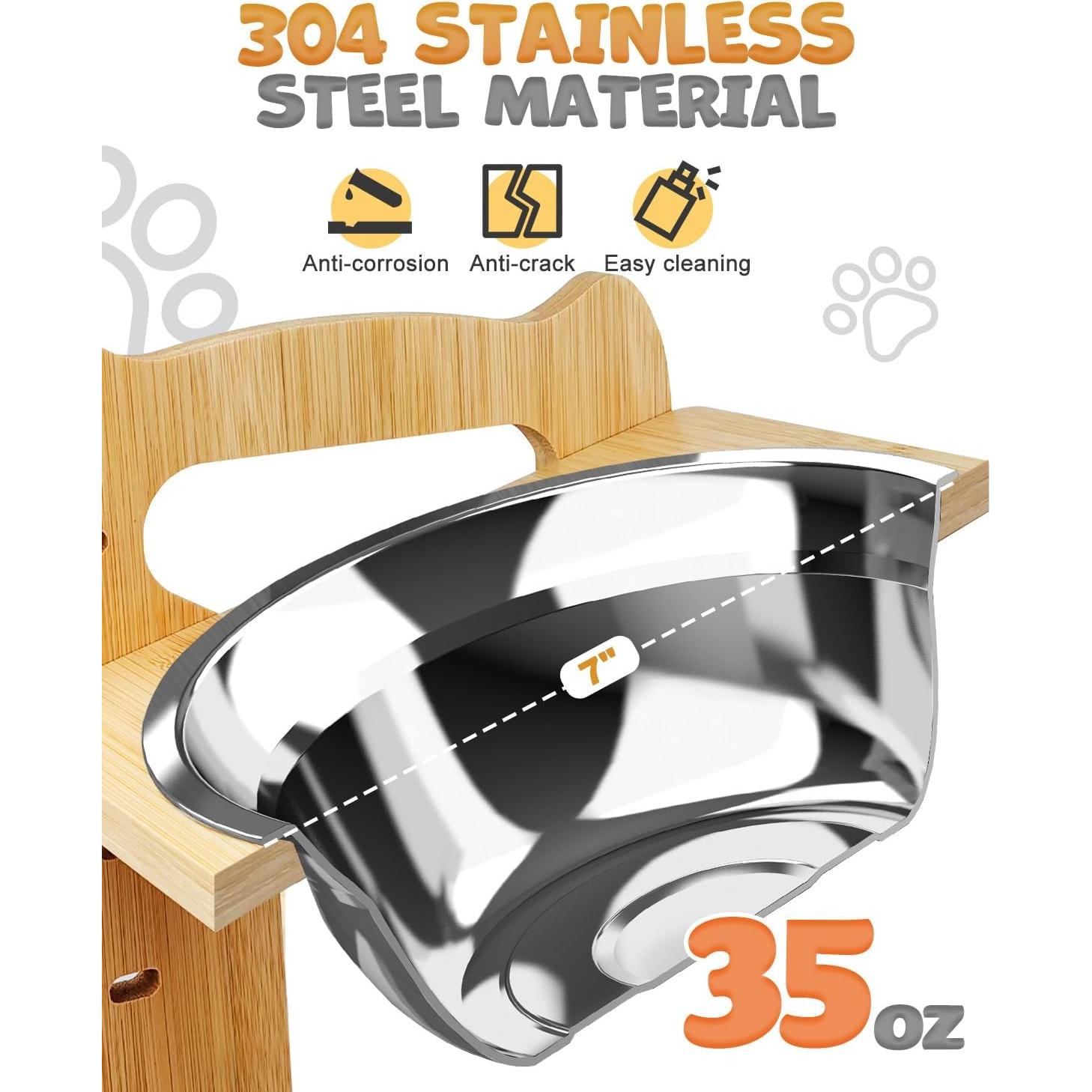 Elevated Dog Bowls, Adjustable Raised Dog Bowls Stand for Medium Dogs and Cats, Durable Bamboo Dog Feeder with Stainless Steel Bowls and Non-Slip Feet, Dog Food Bowls for Medium Dogs Cats