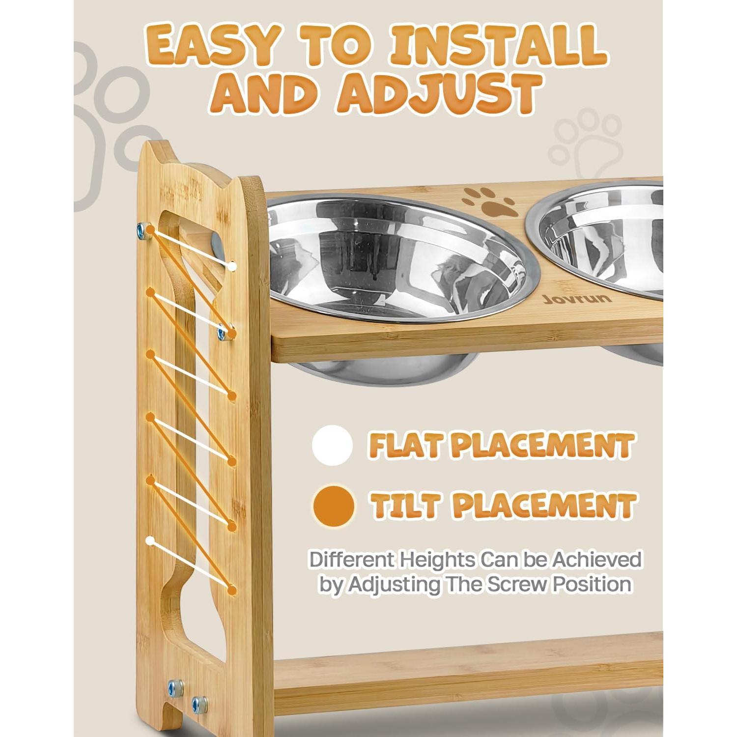 Elevated Dog Bowls, Adjustable Raised Dog Bowls Stand for Medium Dogs and Cats, Durable Bamboo Dog Feeder with Stainless Steel Bowls and Non-Slip Feet, Dog Food Bowls for Medium Dogs Cats