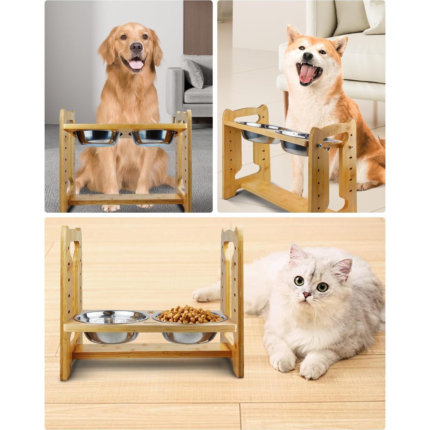 Elevated Dog Bowls, Adjustable Raised Dog Bowls Stand for Medium Dogs and Cats, Durable Bamboo Dog Feeder with Stainless Steel Bowls and Non-Slip Feet, Dog Food Bowls for Medium Dogs Cats