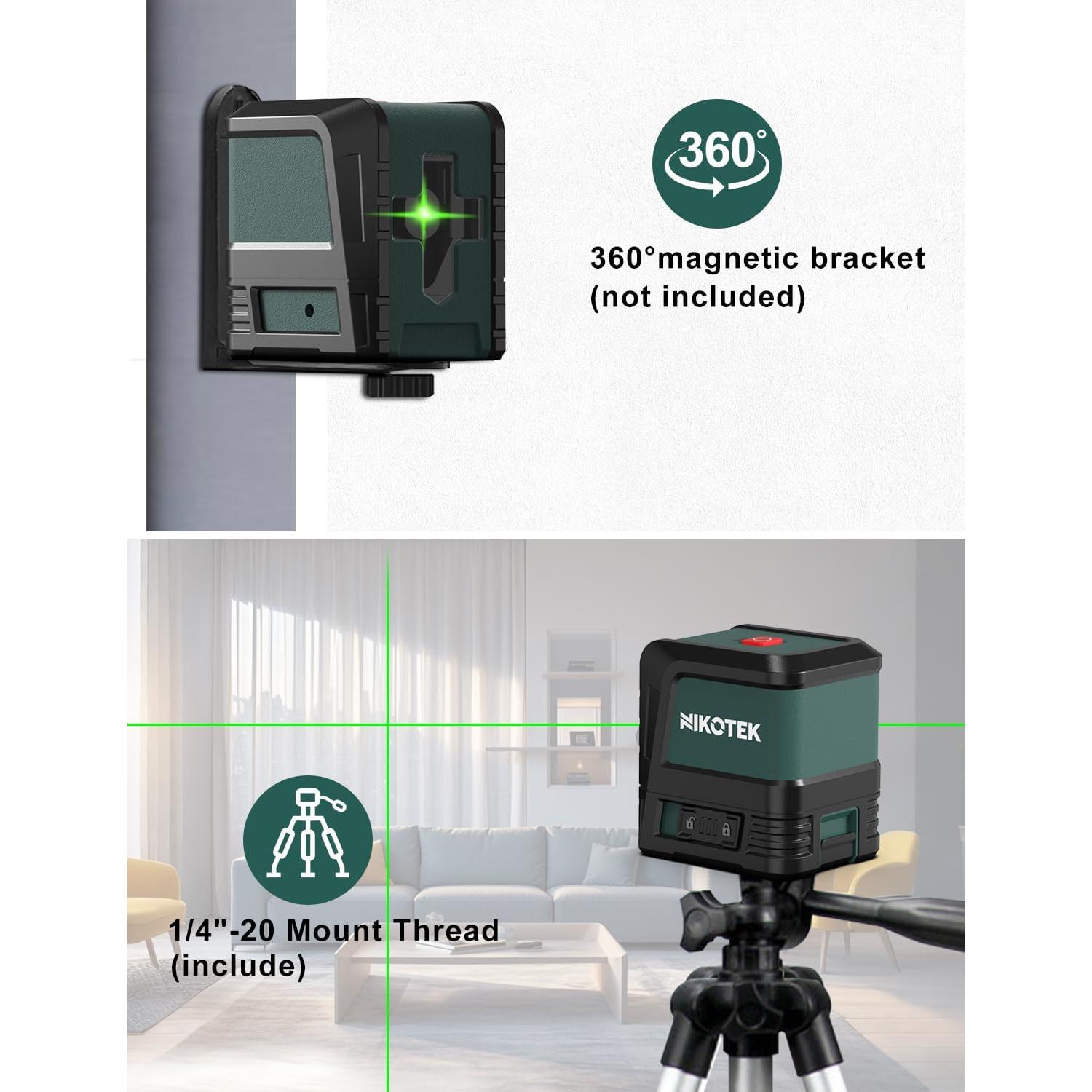 Laser Level, Self-leveling Green Line Laser With Horizontal and Vertical Lines for Construction and Picture Hanging, Battery Included (NK02G With 26 inch Tripod)