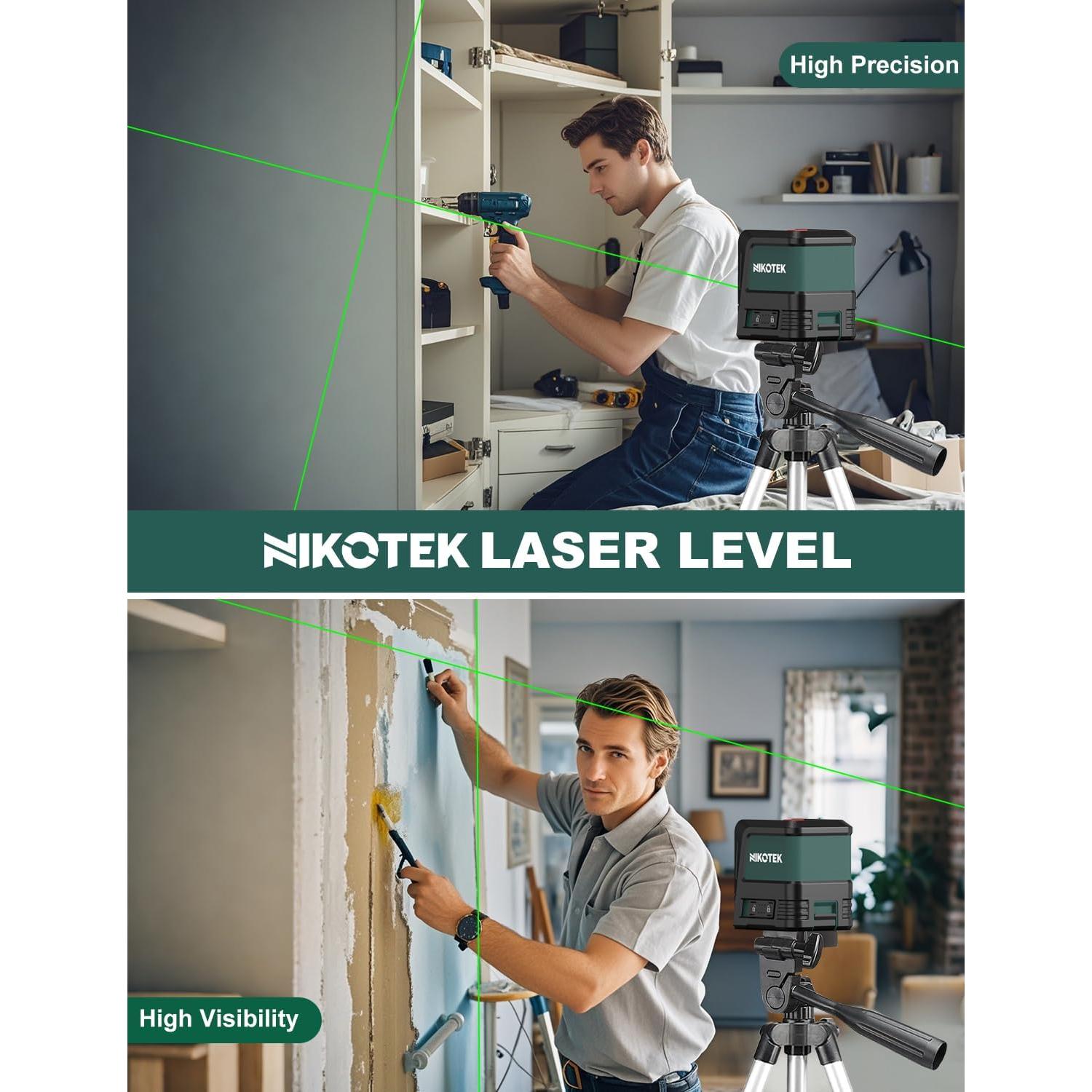 Laser Level, Self-leveling Green Line Laser With Horizontal and Vertical Lines for Construction and Picture Hanging, Battery Included (NK02G With 26 inch Tripod)