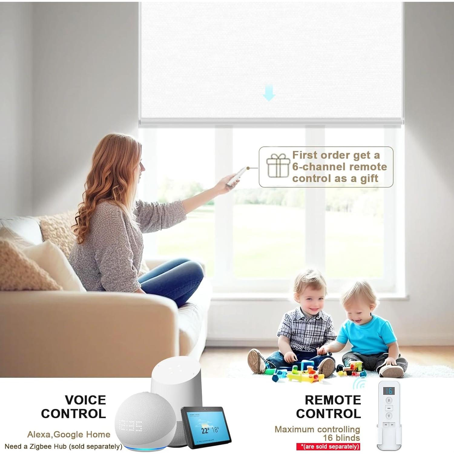 Motorized Blinds with Remote Smart Blackout Shades Electric Curtains Automatic Roller Blinds Shades for Indoor Windows Cordless with Alexa Google Home(Blackout Cream White,W20x H62)