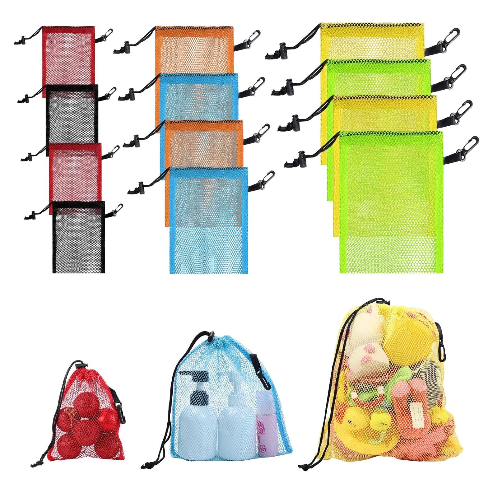 iMucci 12 Pieces 6 color Mesh Drawstring Bag with Clips, Nylon Drawstring Bags Pocket Foldable Beach Bag with Cord Lock for Swimming Collecting Toys Laundry Sports Gym Beach Travel