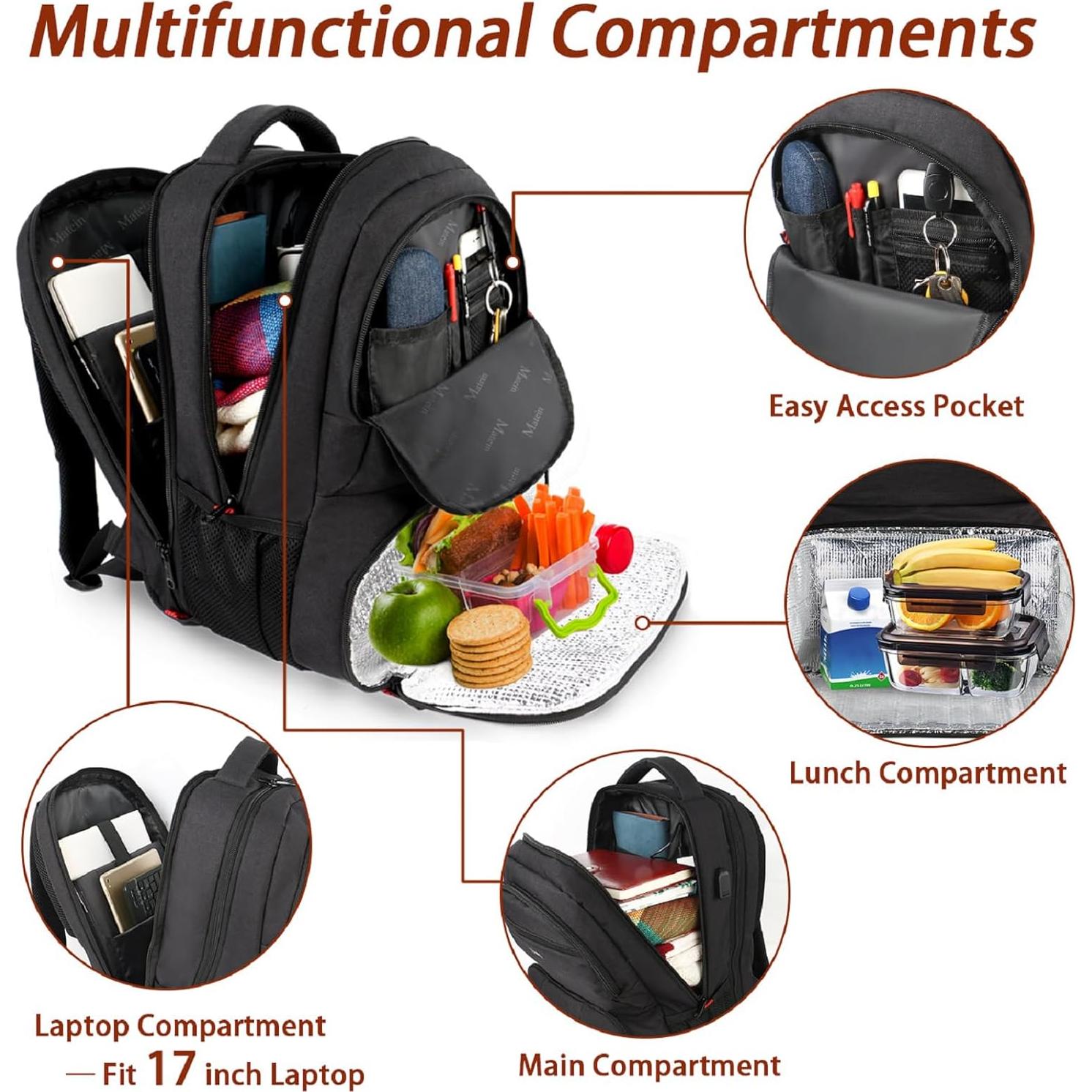 Mochila Térmica MATEIN 17" con Puerto USB y Compartimento Laptop