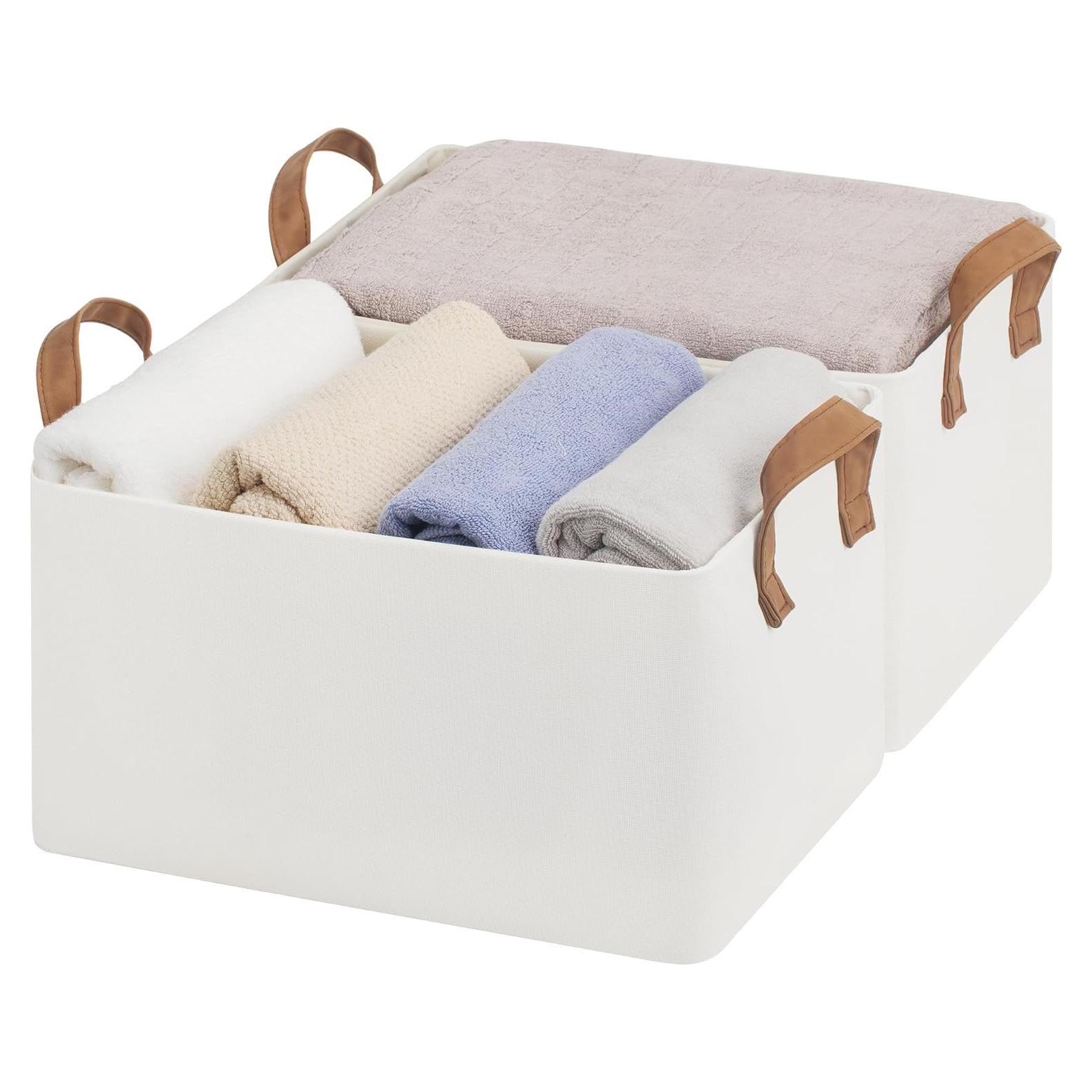 StorageWorks Storage Bins, Shelves Baskets for Organizing, Fabric Closet Organizers with Handles, Metal Frame, Beige, 2-Pack