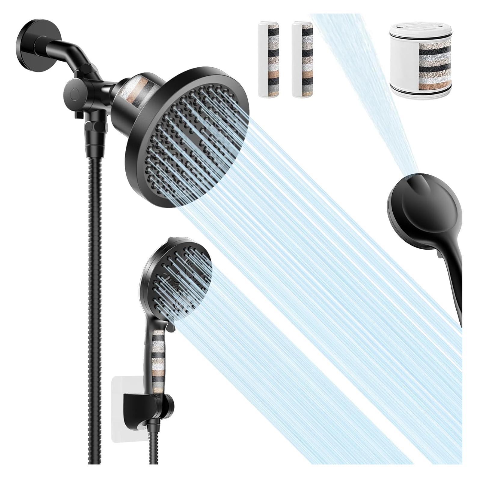 Filtered Shower Head With Handheld Spray Combo, High Pressure 6" Rain Showerhead & 5" Handheld Dual Shower Head with Filters, Double Shower Heads Set for Hard Water, 69" Shower Hose,Black