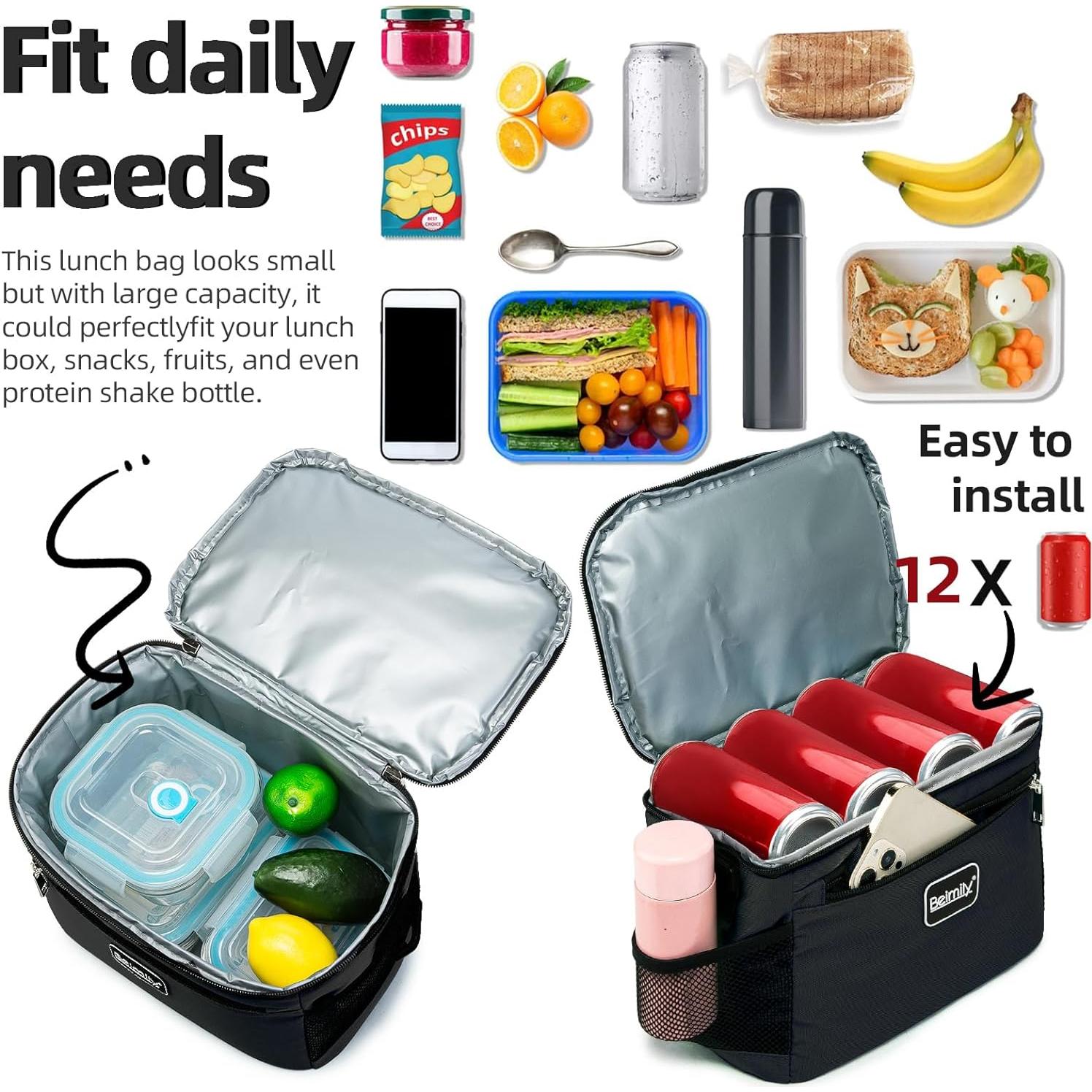 BEIMILY Lunch Box for Men/Women, Small Insulated Lunch Bag, Leak-Proof Soft Cooler Tote Bag, Reusable LunchBox for Work, Travel, Fitness, Picnic with Adjustable Shoulder Strap for Adults (Black)