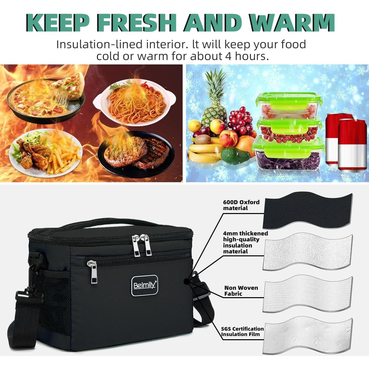 BEIMILY Lunch Box for Men/Women, Small Insulated Lunch Bag, Leak-Proof Soft Cooler Tote Bag, Reusable LunchBox for Work, Travel, Fitness, Picnic with Adjustable Shoulder Strap for Adults (Black)