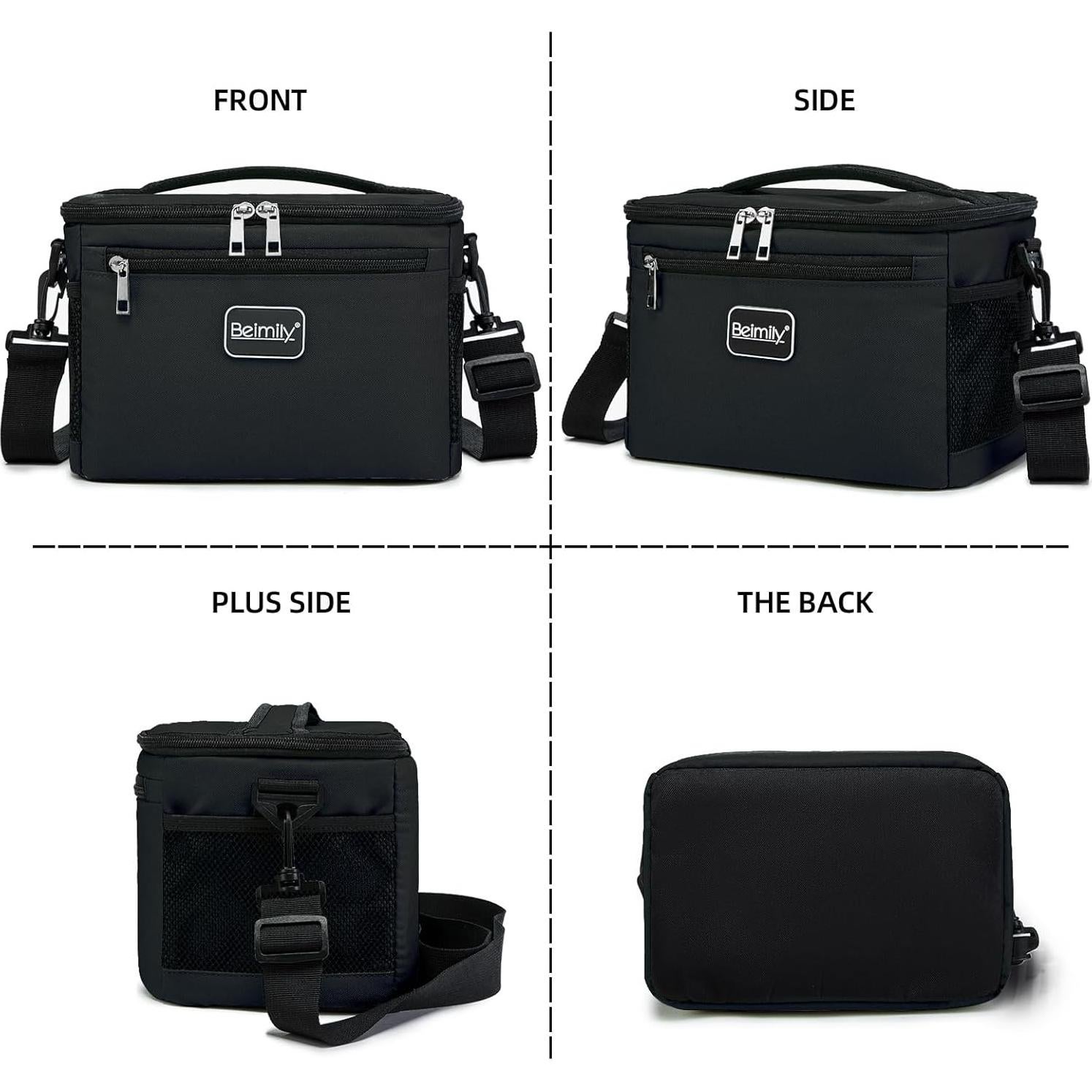 BEIMILY Lunch Box for Men/Women, Small Insulated Lunch Bag, Leak-Proof Soft Cooler Tote Bag, Reusable LunchBox for Work, Travel, Fitness, Picnic with Adjustable Shoulder Strap for Adults (Black)