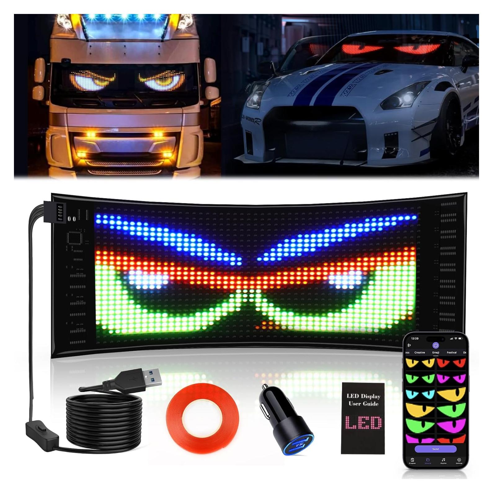 Double Row Devil Eyes Light for Car, 10.6''x4.7'' Flexible 5V/2A Digital Scrolling Multi Task Loop Playback LED Display, Bluetooth APP Control Custom Text Pattern LED Sign for Car Store Hotel
