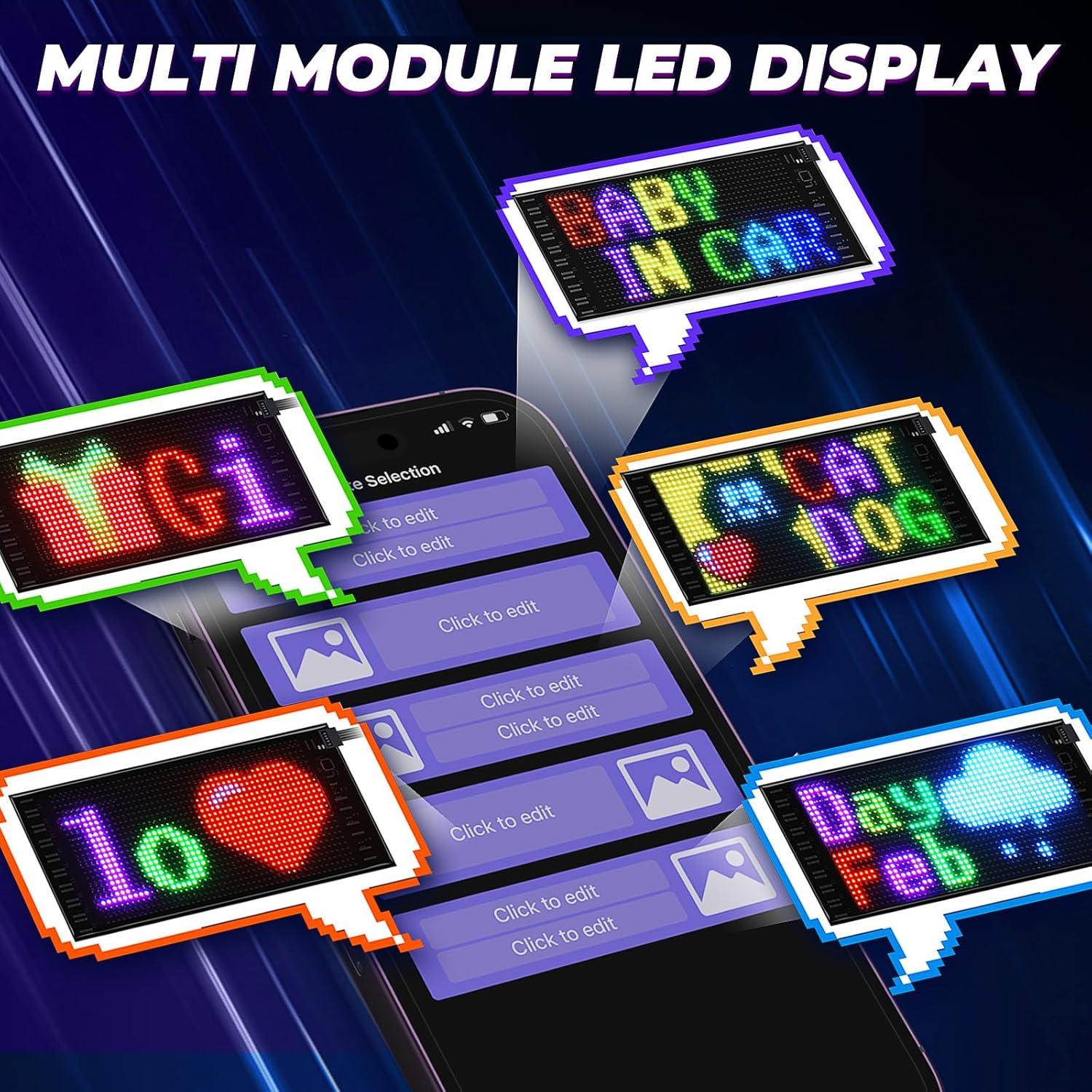Double Row Devil Eyes Light for Car, 10.6''x4.7'' Flexible 5V/2A Digital Scrolling Multi Task Loop Playback LED Display, Bluetooth APP Control Custom Text Pattern LED Sign for Car Store Hotel