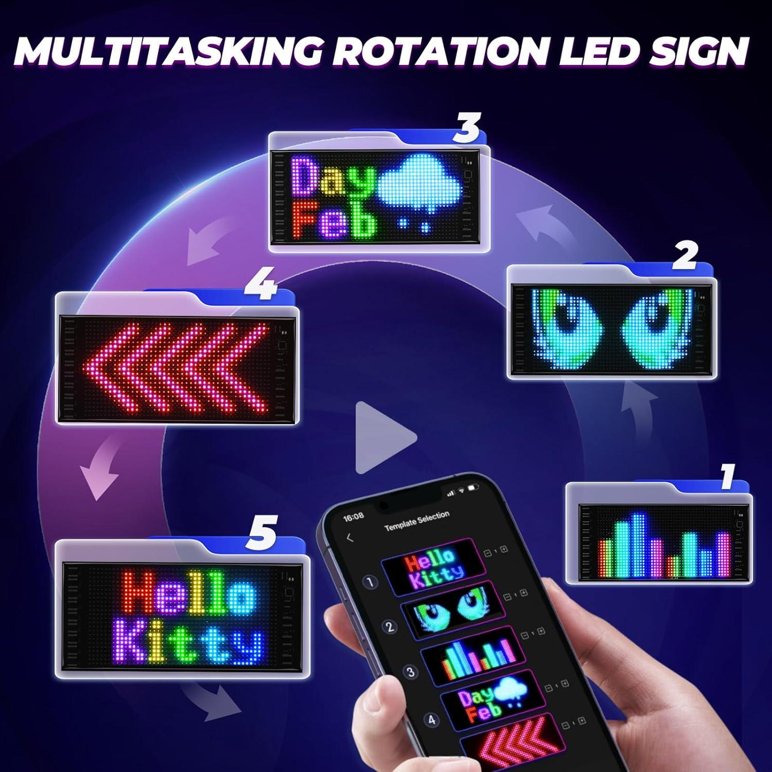 Double Row Devil Eyes Light for Car, 10.6''x4.7'' Flexible 5V/2A Digital Scrolling Multi Task Loop Playback LED Display, Bluetooth APP Control Custom Text Pattern LED Sign for Car Store Hotel