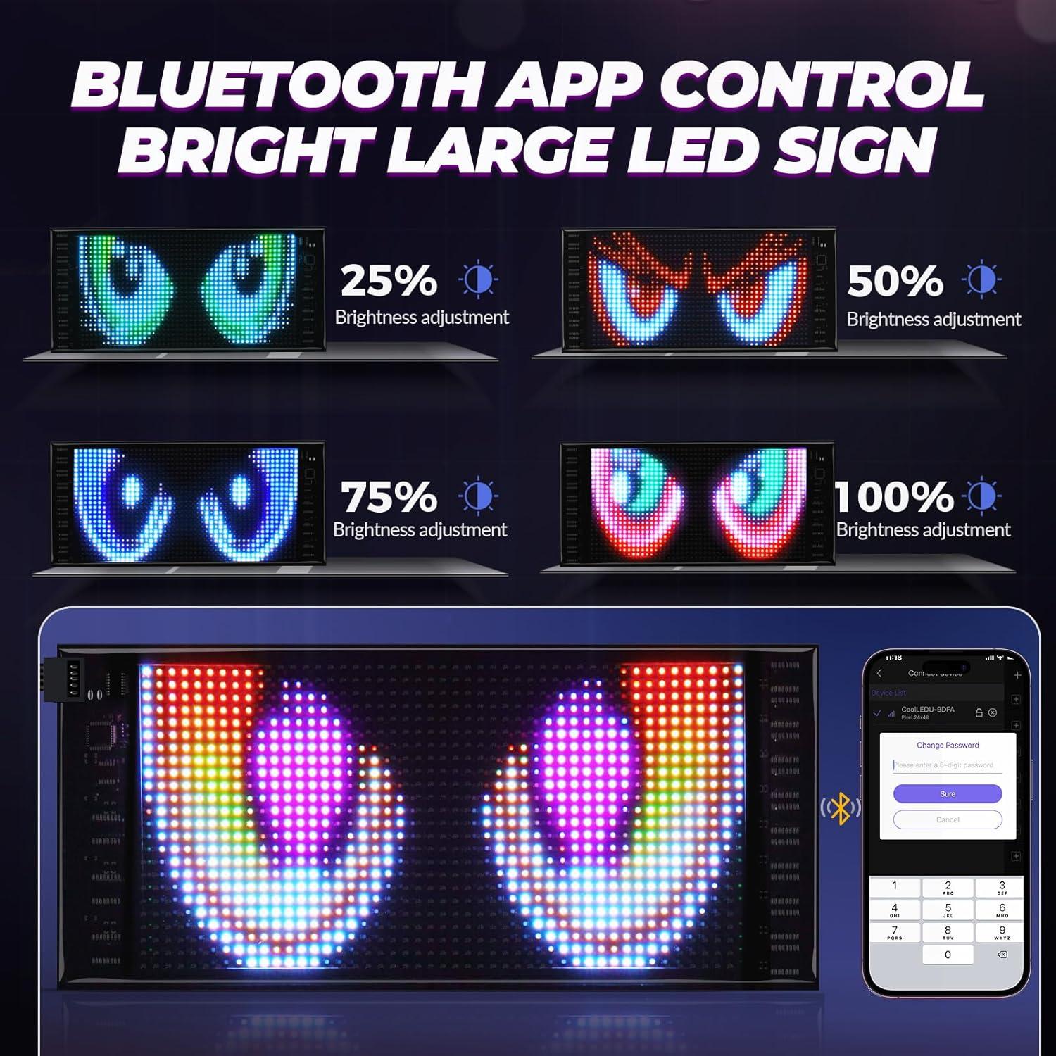 Double Row Devil Eyes Light for Car, 10.6''x4.7'' Flexible 5V/2A Digital Scrolling Multi Task Loop Playback LED Display, Bluetooth APP Control Custom Text Pattern LED Sign for Car Store Hotel